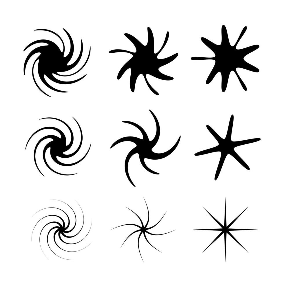 Thin, bold and regular line star and rotating star set. Rotating explosion vortex. Geometric star movement, linear spiral movement set. vector