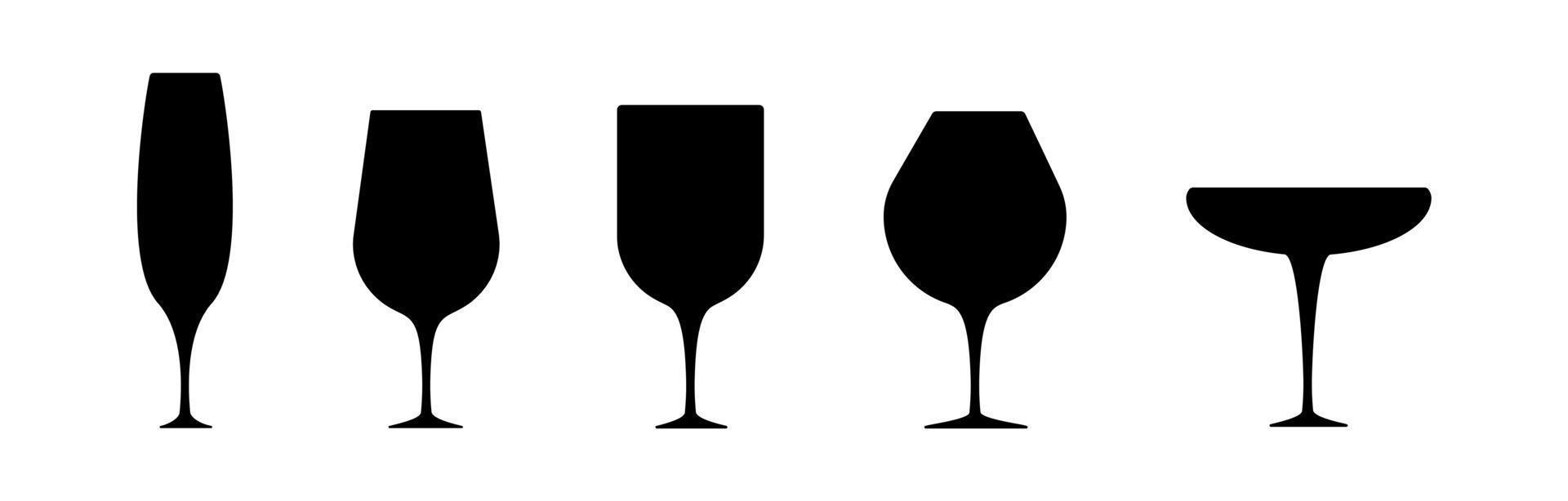 Wine and drink glasses silhouette set. Glass in black color isolated on white background. Silhouette wine glass icon set. Modern line art design. vector