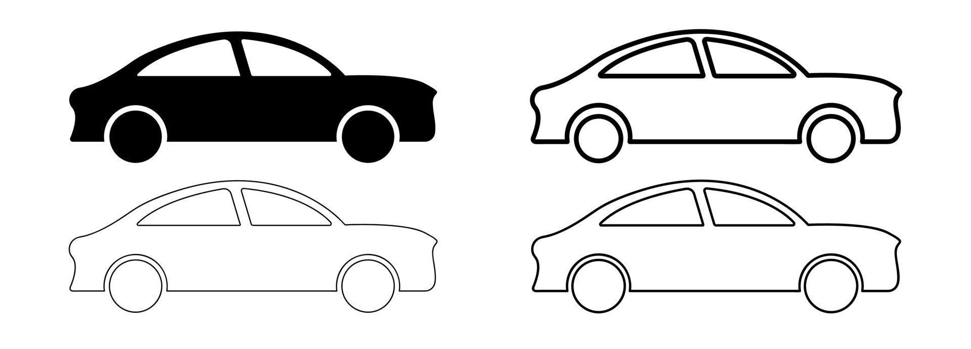 Car in sedan and hatchback silhouette form. Flat art icon set Various line thickness cars set. Editable drawing. Vector on a white background.