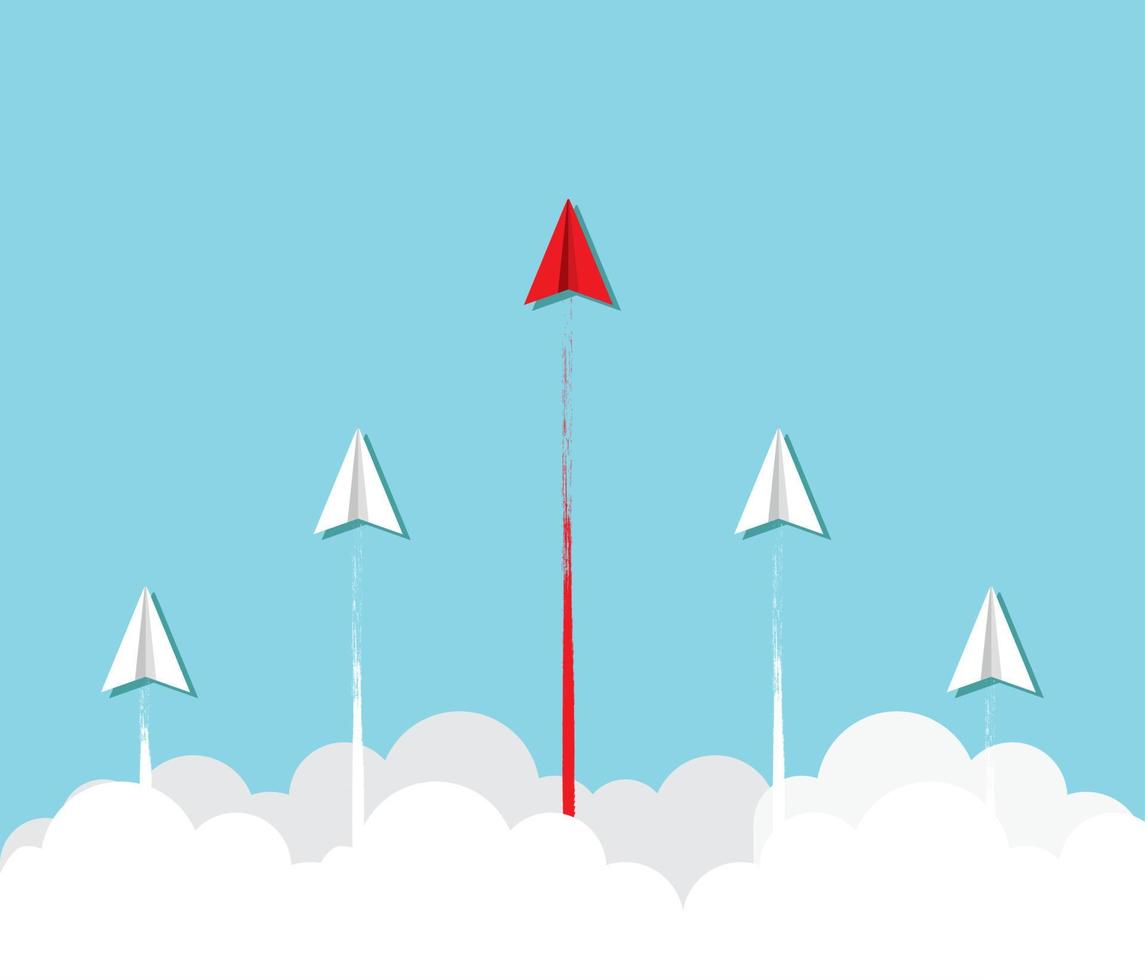 Paper plane go to success vector business financial concept start up, leadership, creative idea symbol paper art style illustration. Creative an effort to get ahead in the ranking.