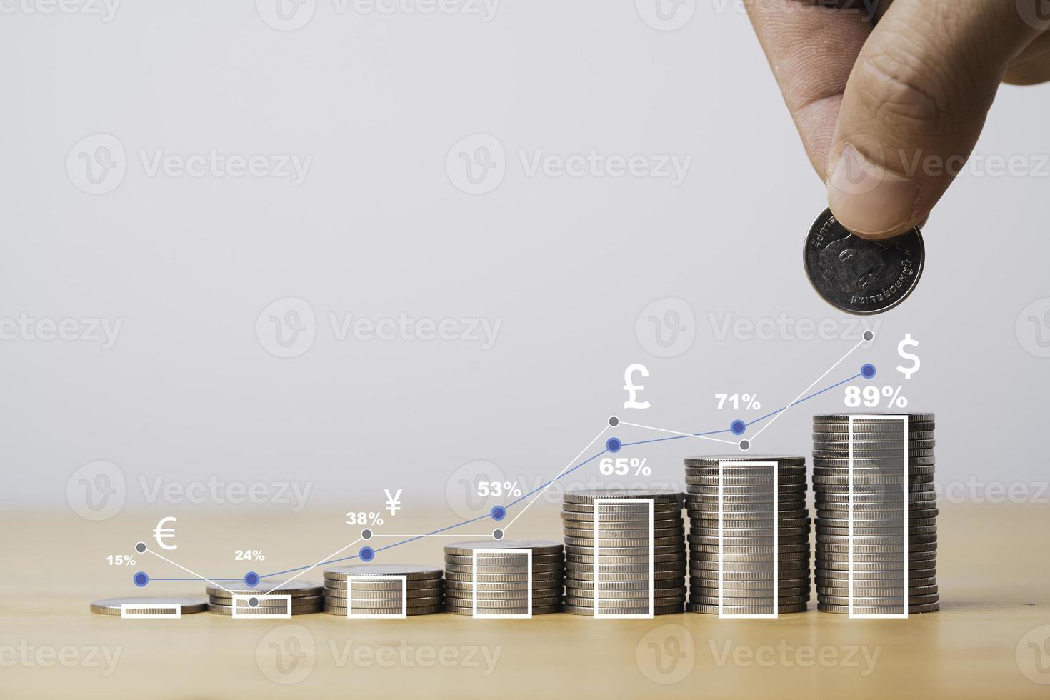 Hand putting coin to growth coins stacking with investment graph chart and currency sign for saving and trade forex concept. photo