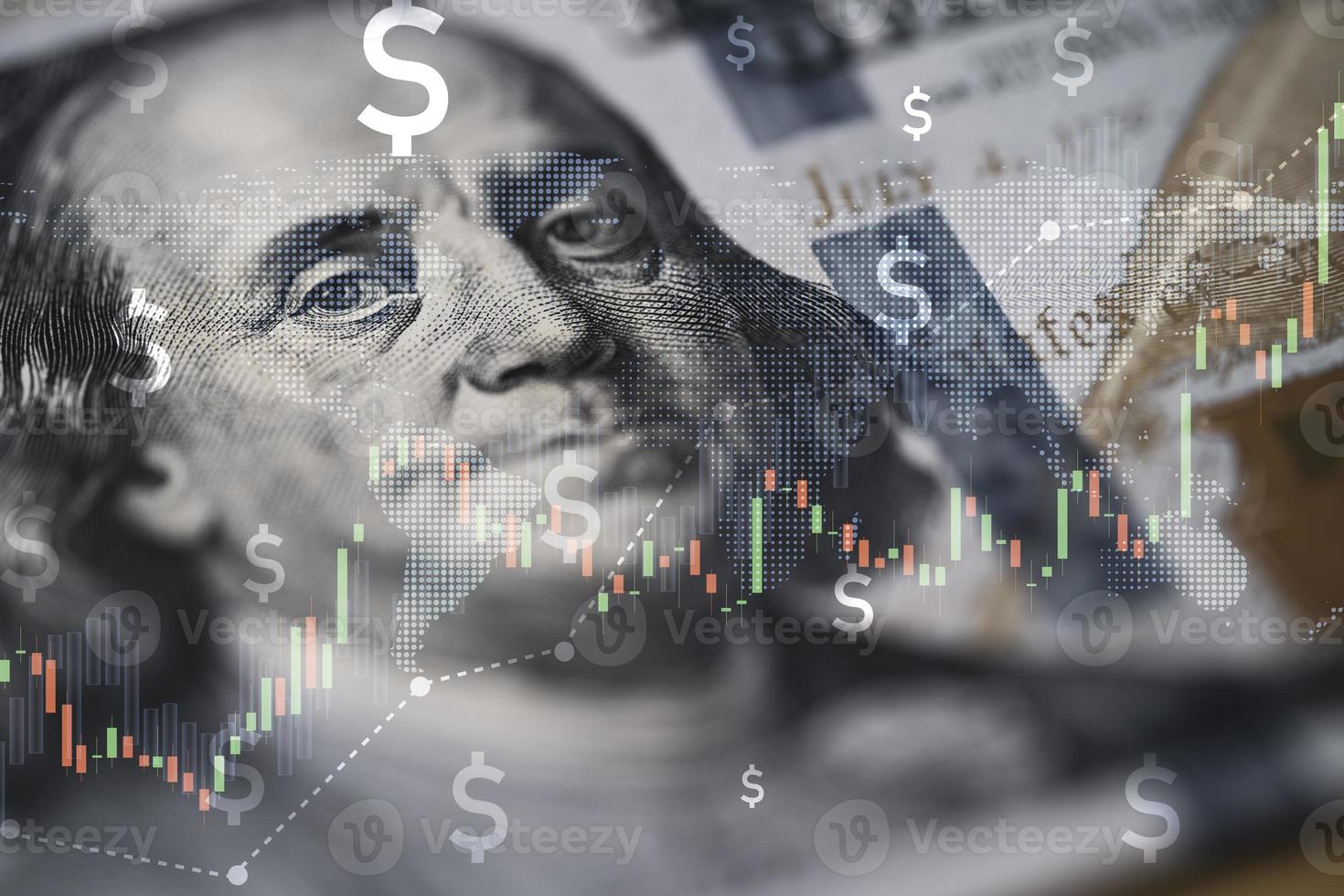 Closeup Benjamin Franklin face on USD banknote with stock market chart graph for currency exchange and global trade forex concept. photo