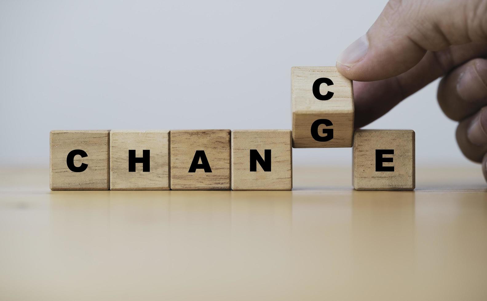 Hand flipping of wooden cube block between change and chance for positive thinking mindset concept. photo