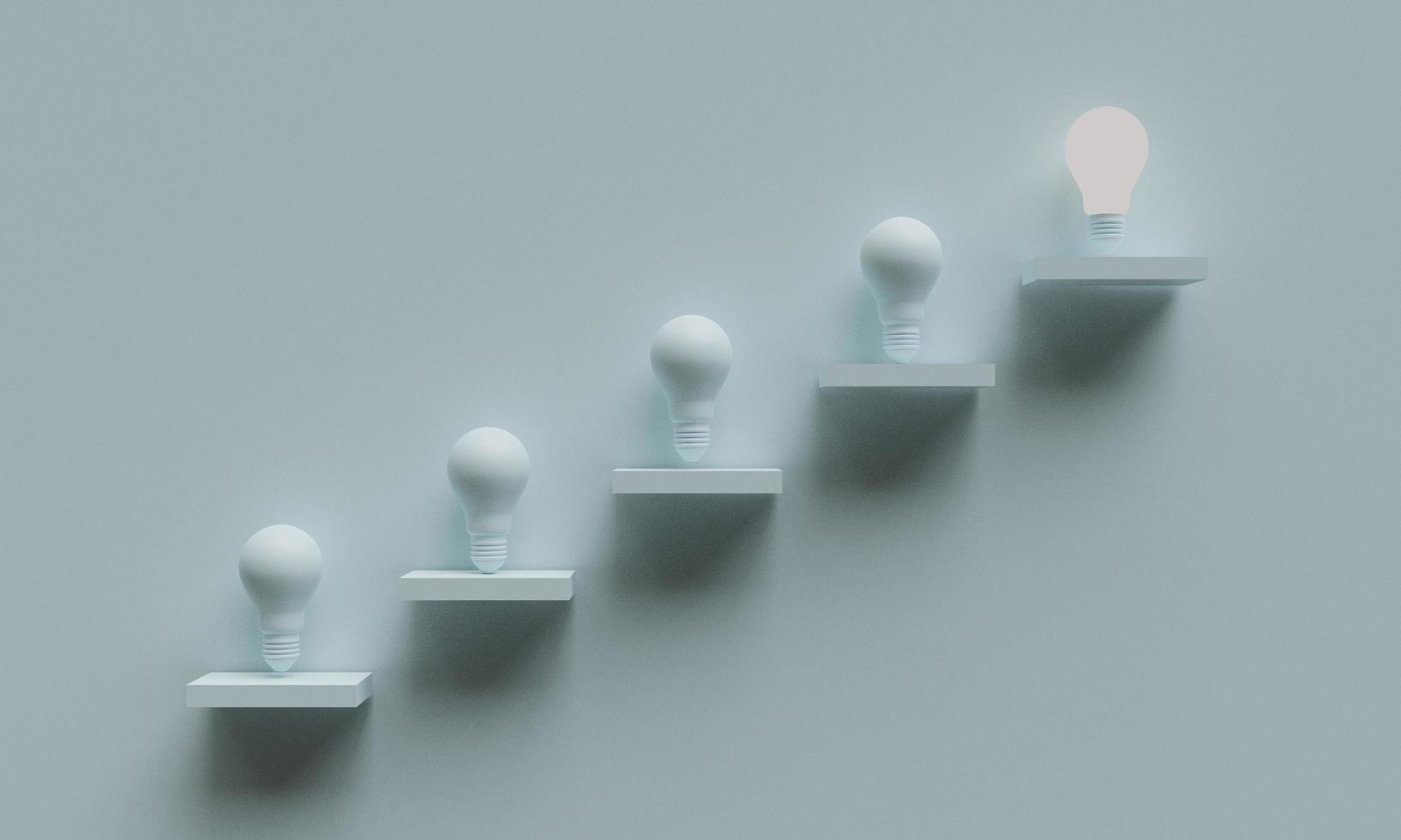 Glowing lightbulb on top of stairs or ladder for creative thinking idea concept by 3d render technique. photo