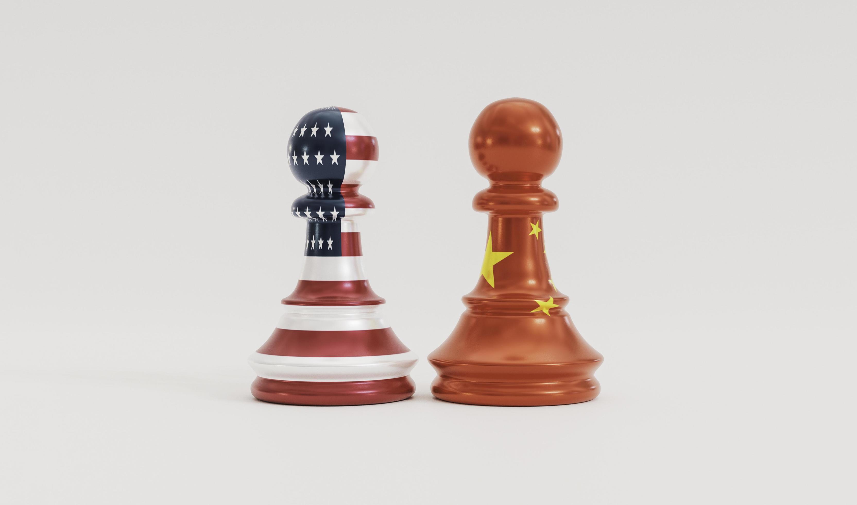 Isolate Of Usa Flag And China Flag Print Screen On Pawn Chess On White Isolate Of Usa Flag And China Flag Print Screen On Pawn Chess On White