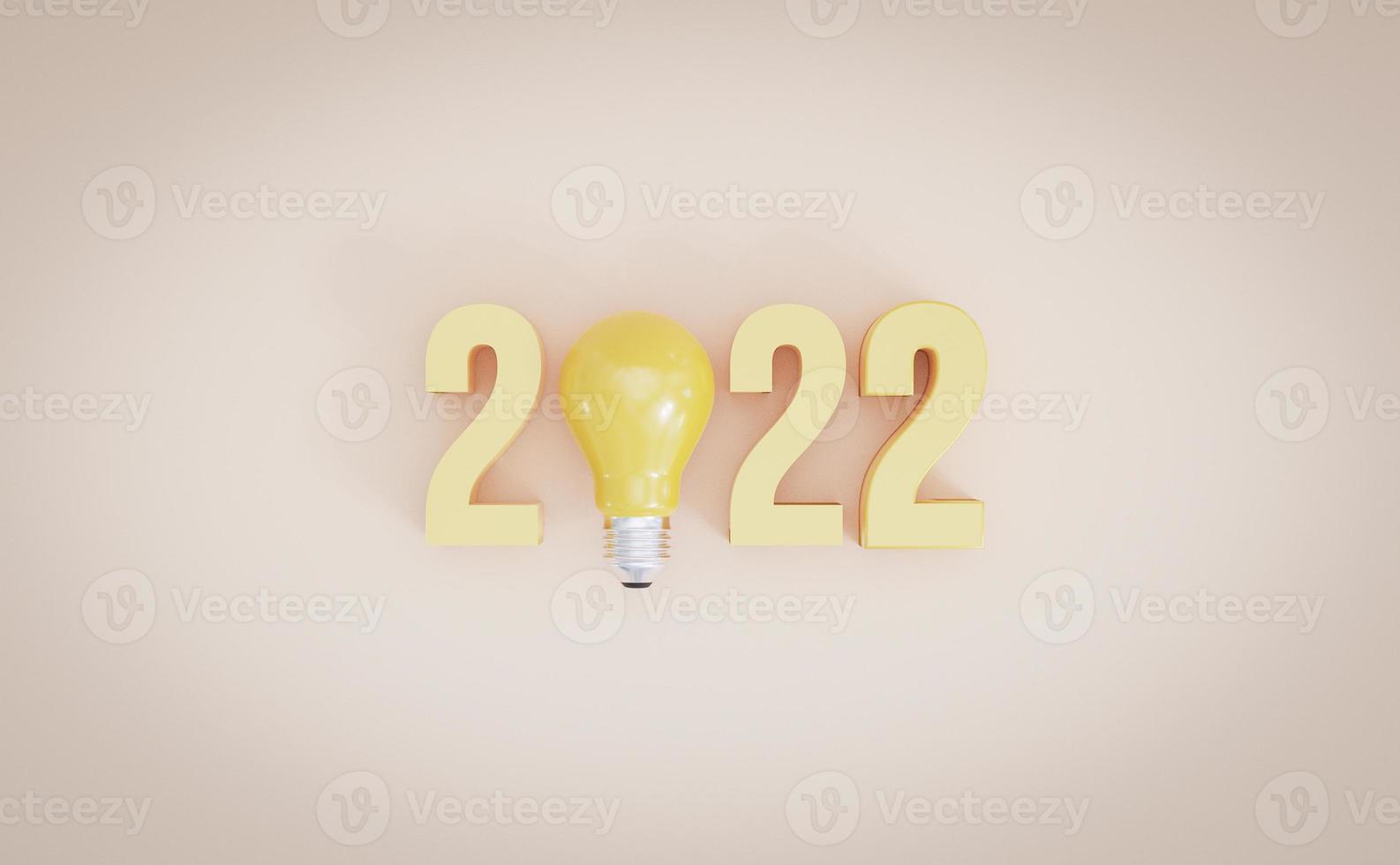 bombilla amarilla entre el número para 2022 idea de pensamiento creativo para comenzar el año nuevo sobre fondo amarillo por representación 3d. foto