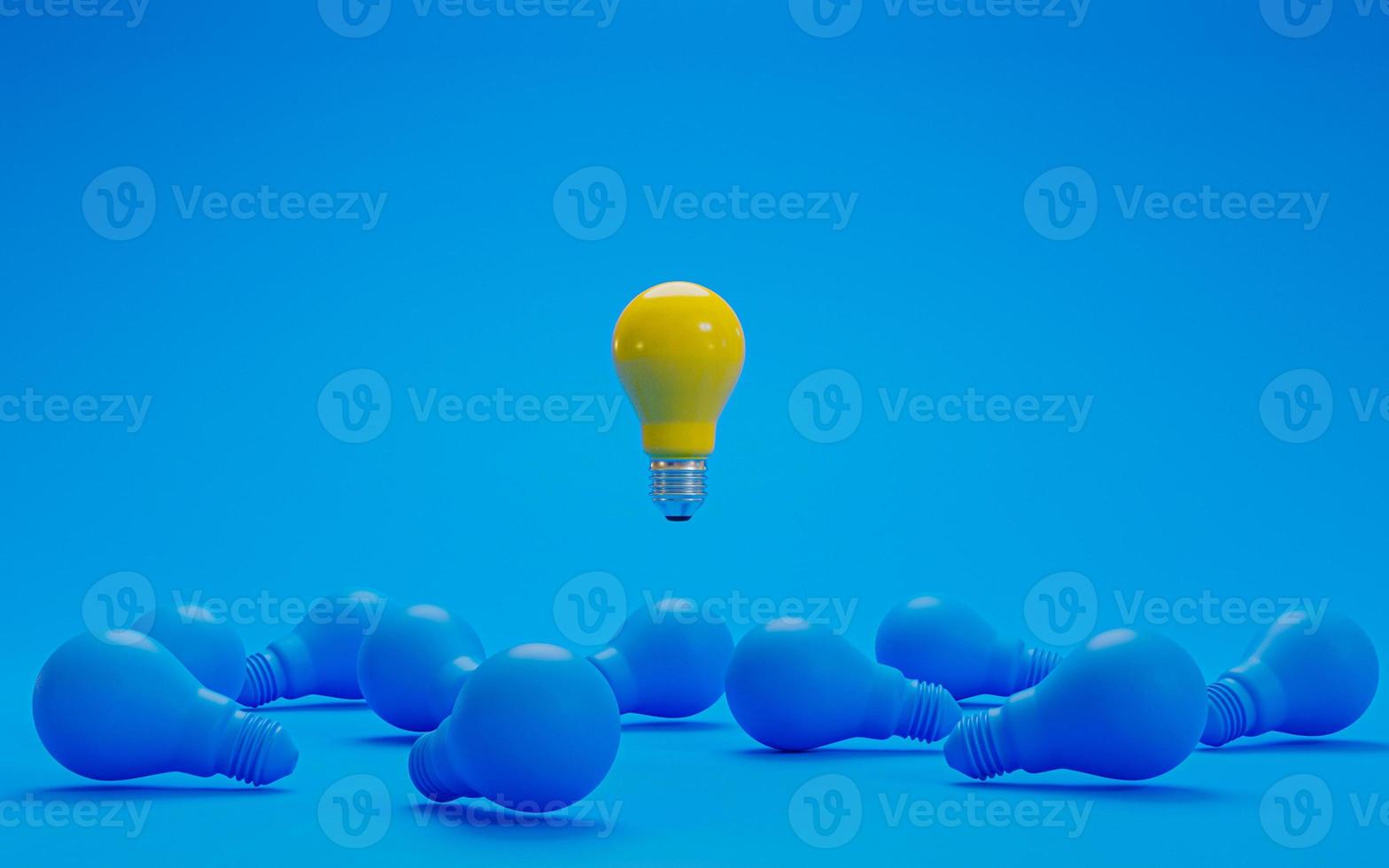 Yellow lightbulb floating from blue lightbulb on floor for creative thinking idea concept by 3d rendering. photo
