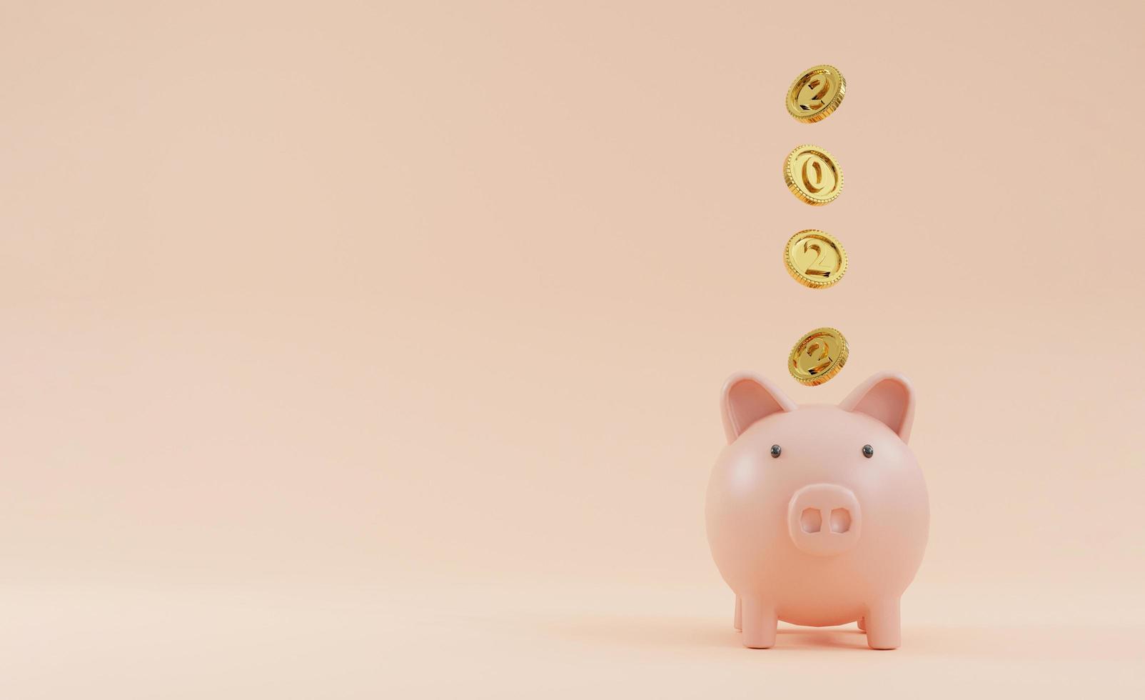 2022 año en moneda de oro cayendo a banco de ahorro de piggy rosa sobre fondo rosa y espacio de copia para el concepto de ahorro bancario de año nuevo por 3d render. foto