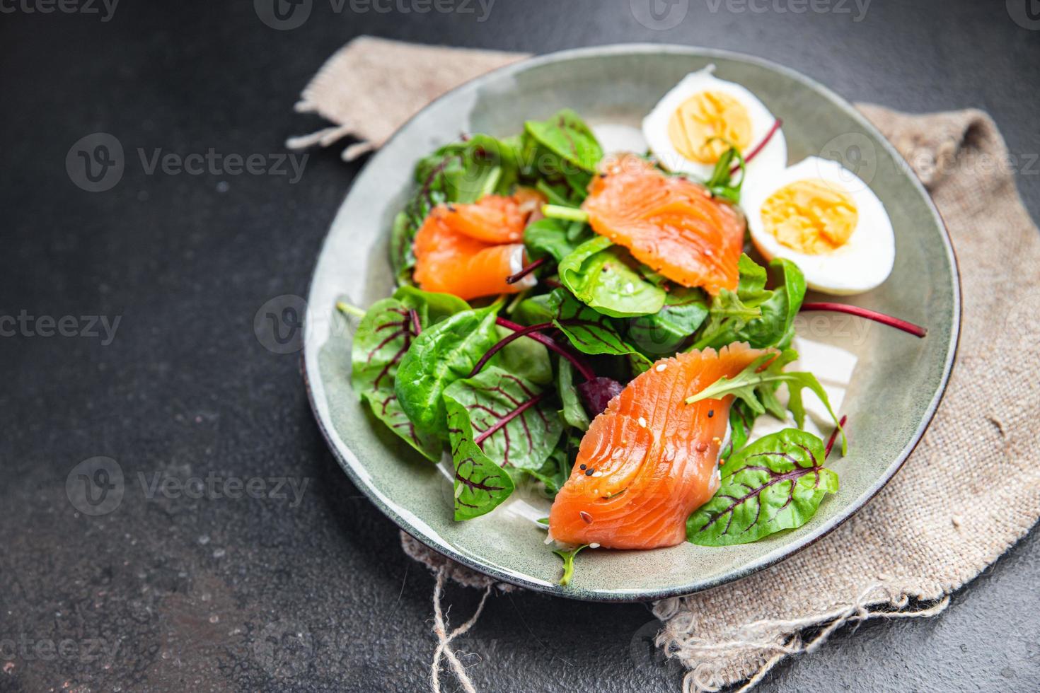 salmon salad fresh green leaves egg lettuce healthy meal food photo