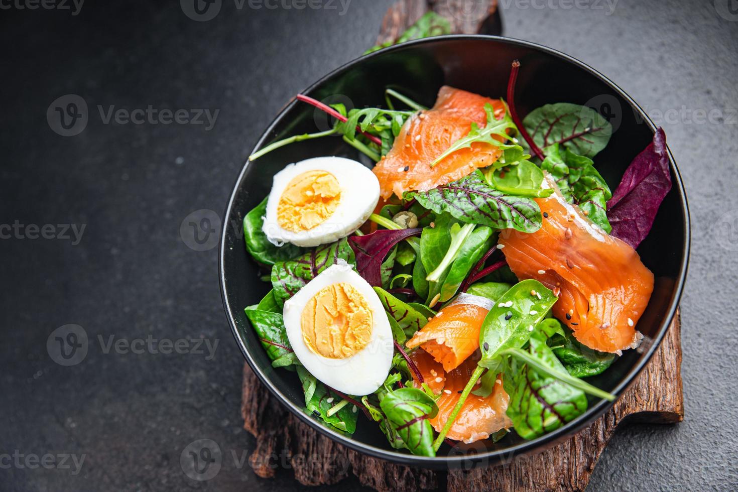 salmon salad fresh green leaves egg lettuce healthy meal food photo