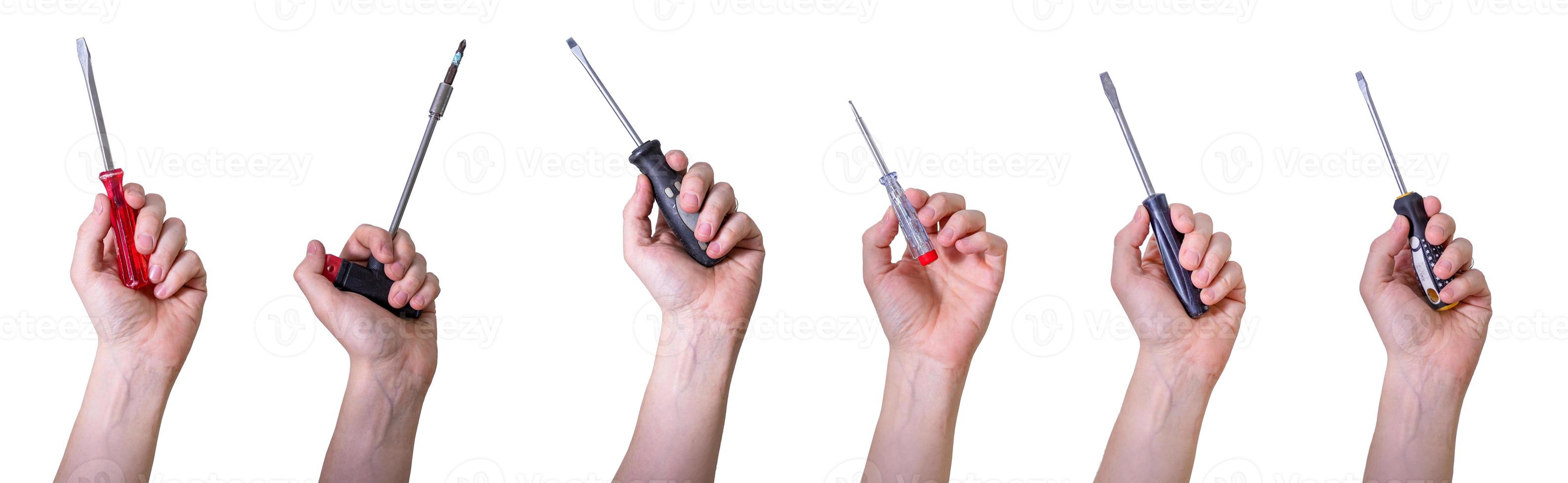 Male hand holding screwdriver isolated on white background. Collage. photo