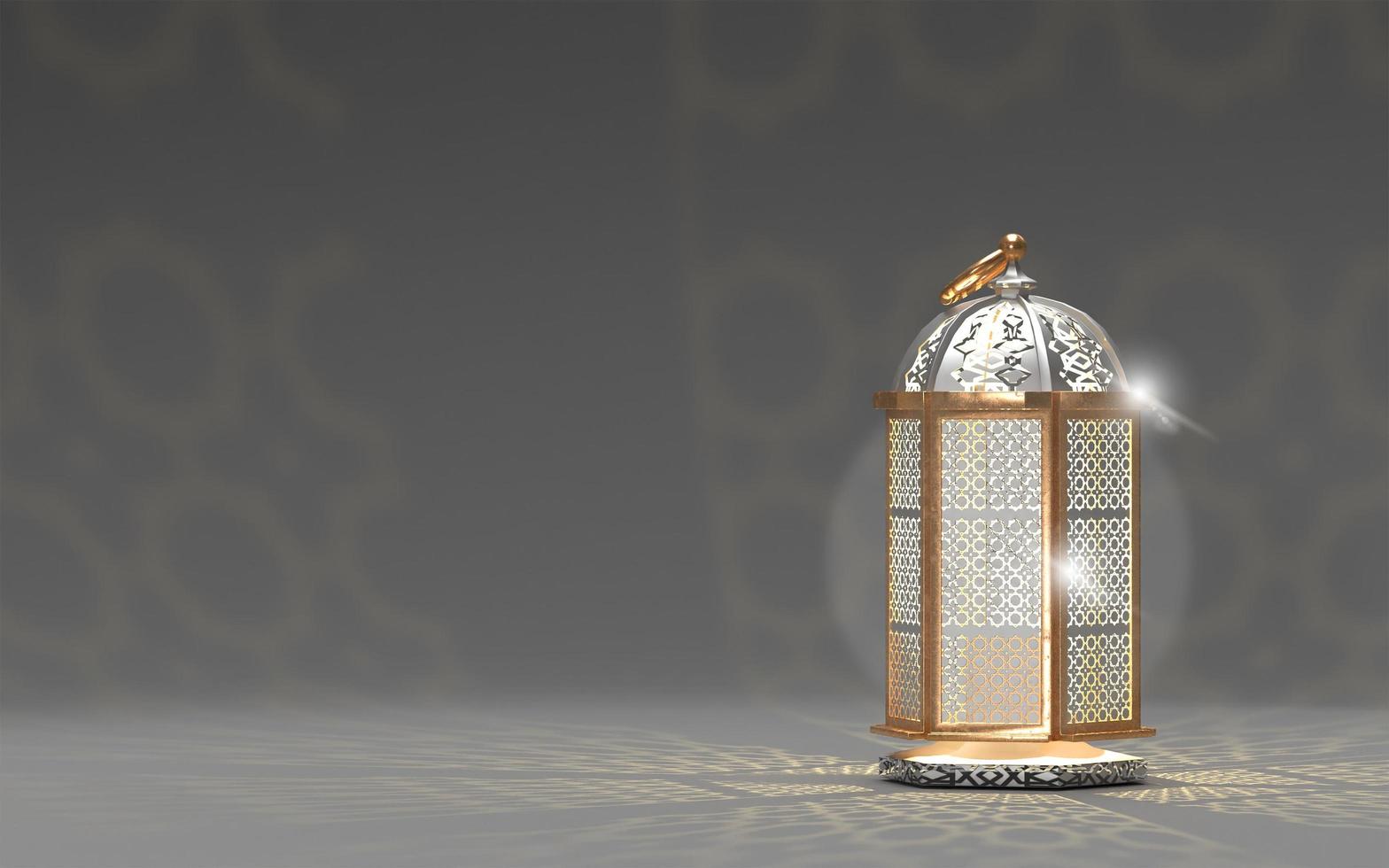 ramadan kareem 3d aislado con luz de linterna musulmana brillante islámica sobre fondo gris foto