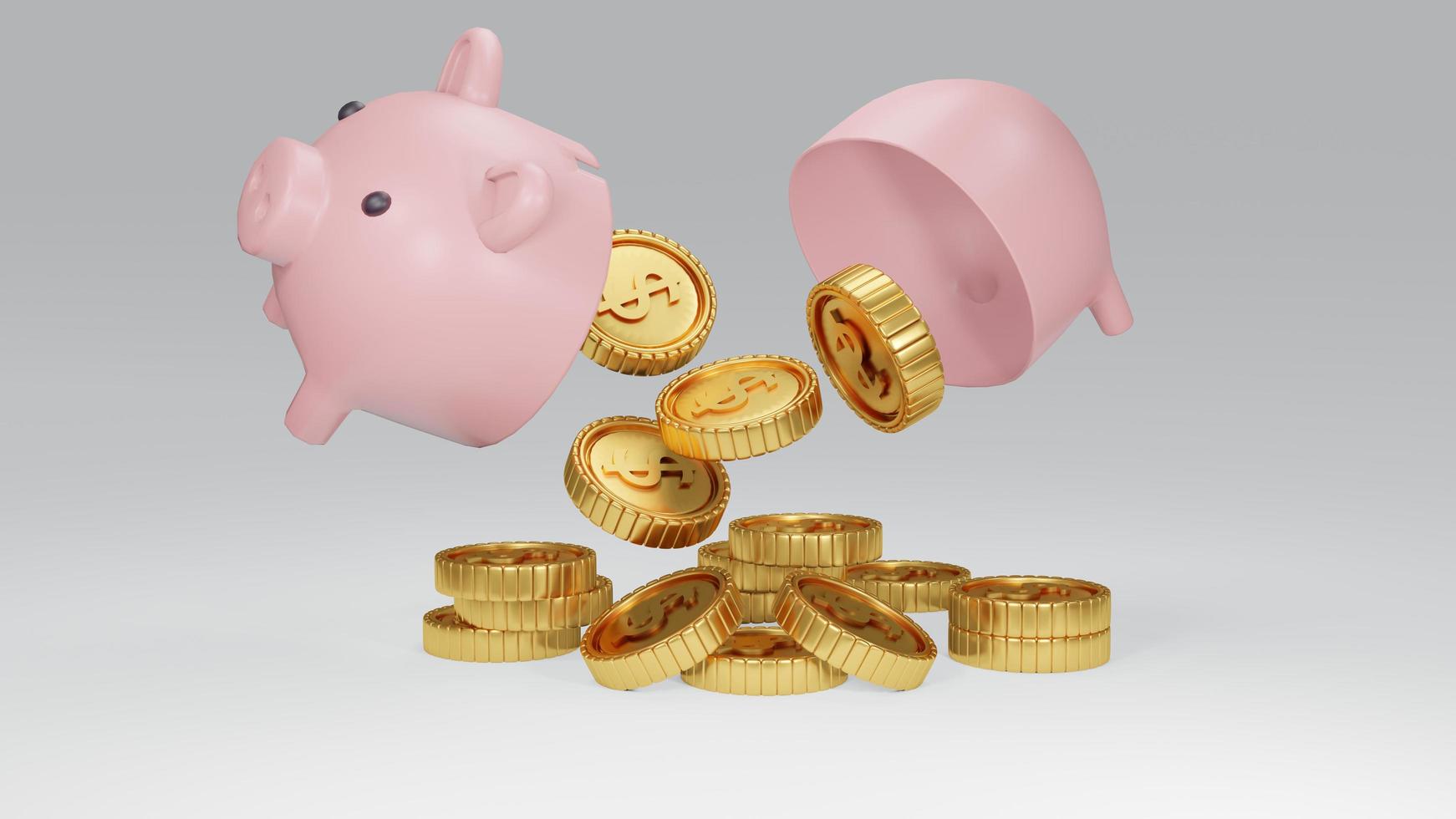 3D Rendering concept of a broken piggy bank with golden coins on white background. 3D Render. photo