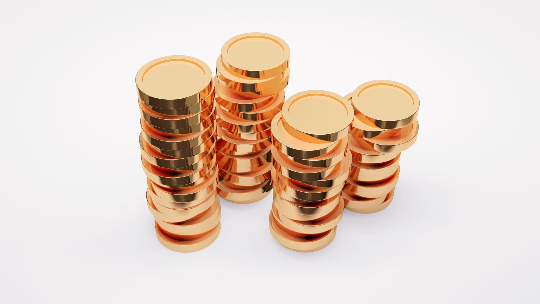 concepto de representación 3d de tesorería, dinero, financiero. pilas de monedas de oro sobre fondo blanco. procesamiento 3d ilustración 3d vista en alzado. foto