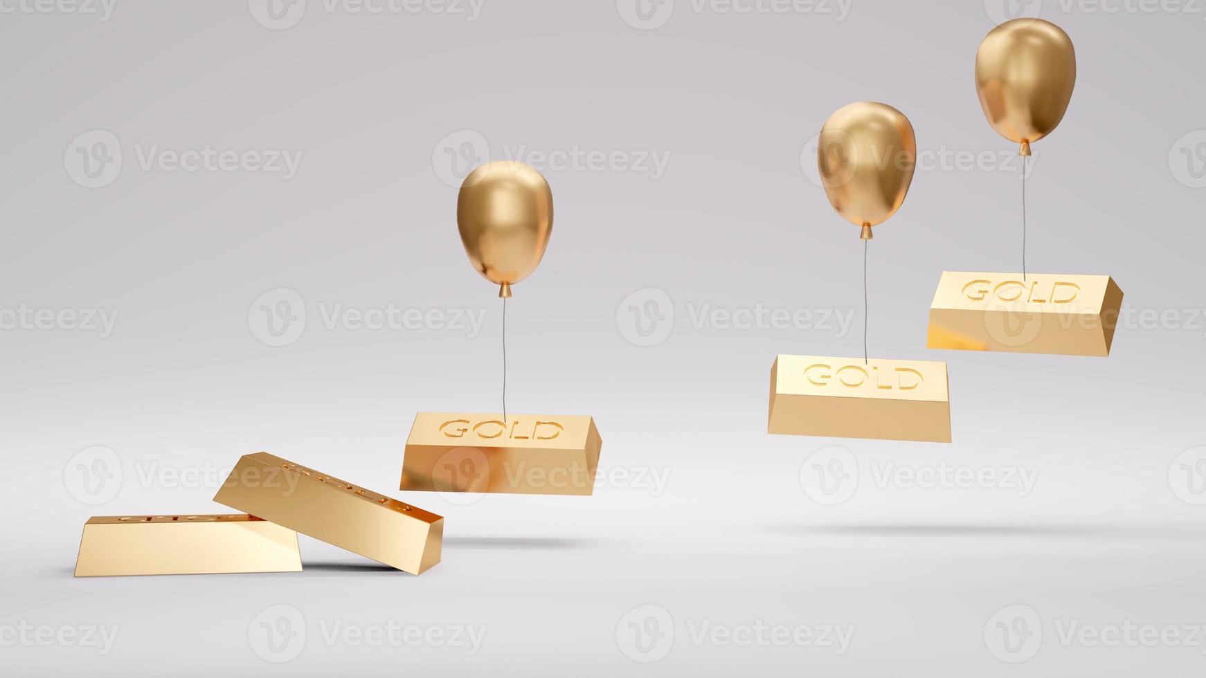 3d Rendering concept of gold price. gold bars are taking up by balloons. 3D Render. 3D illustration. Minimal design template. photo