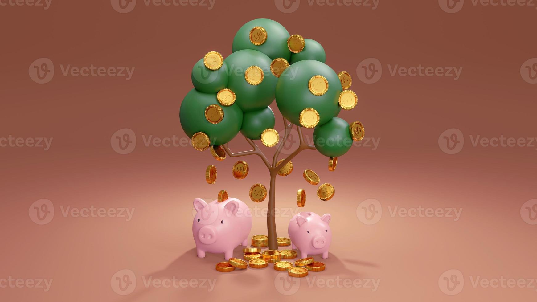3D Rendering concept of investment and saving. Tree with coins falling down and pink piggy banks on background. 3D Render. photo