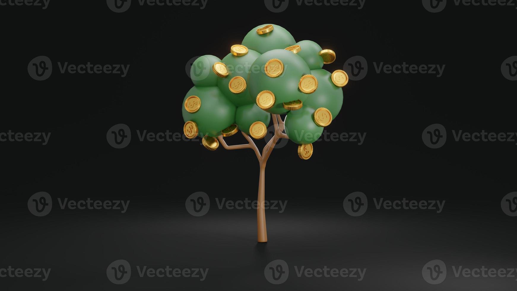 3D Rendering concept of investment. Tree with coins falling down on black background. 3D Render. photo