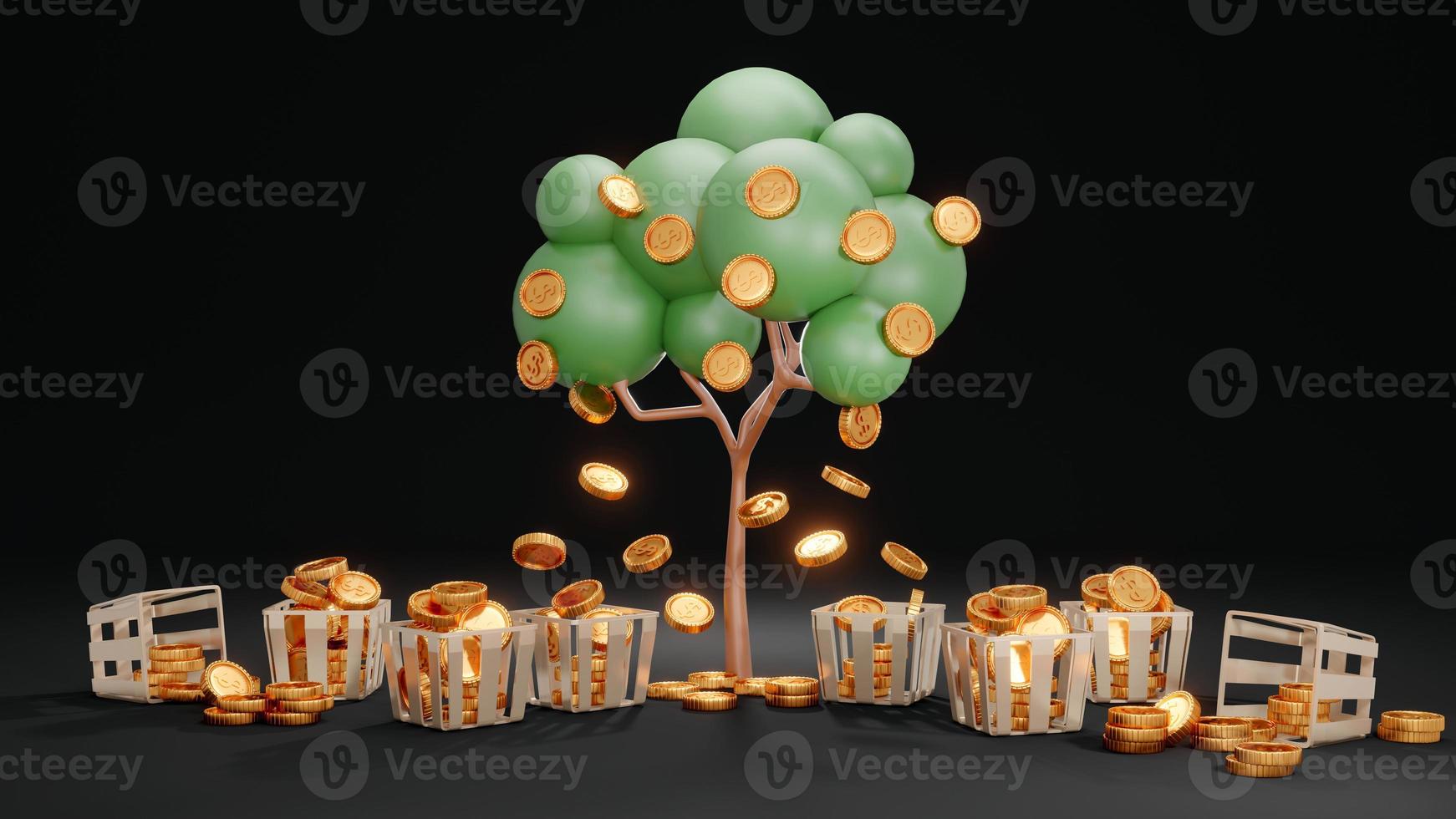 3D rendering concept of investment. a money tree with coins falling down to baskets and ground on background. 3d render. photo