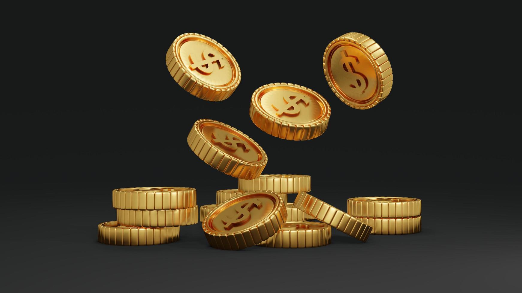 3D Rendering of money coins falling from above isolate on black background.  3D Render illustration. photo