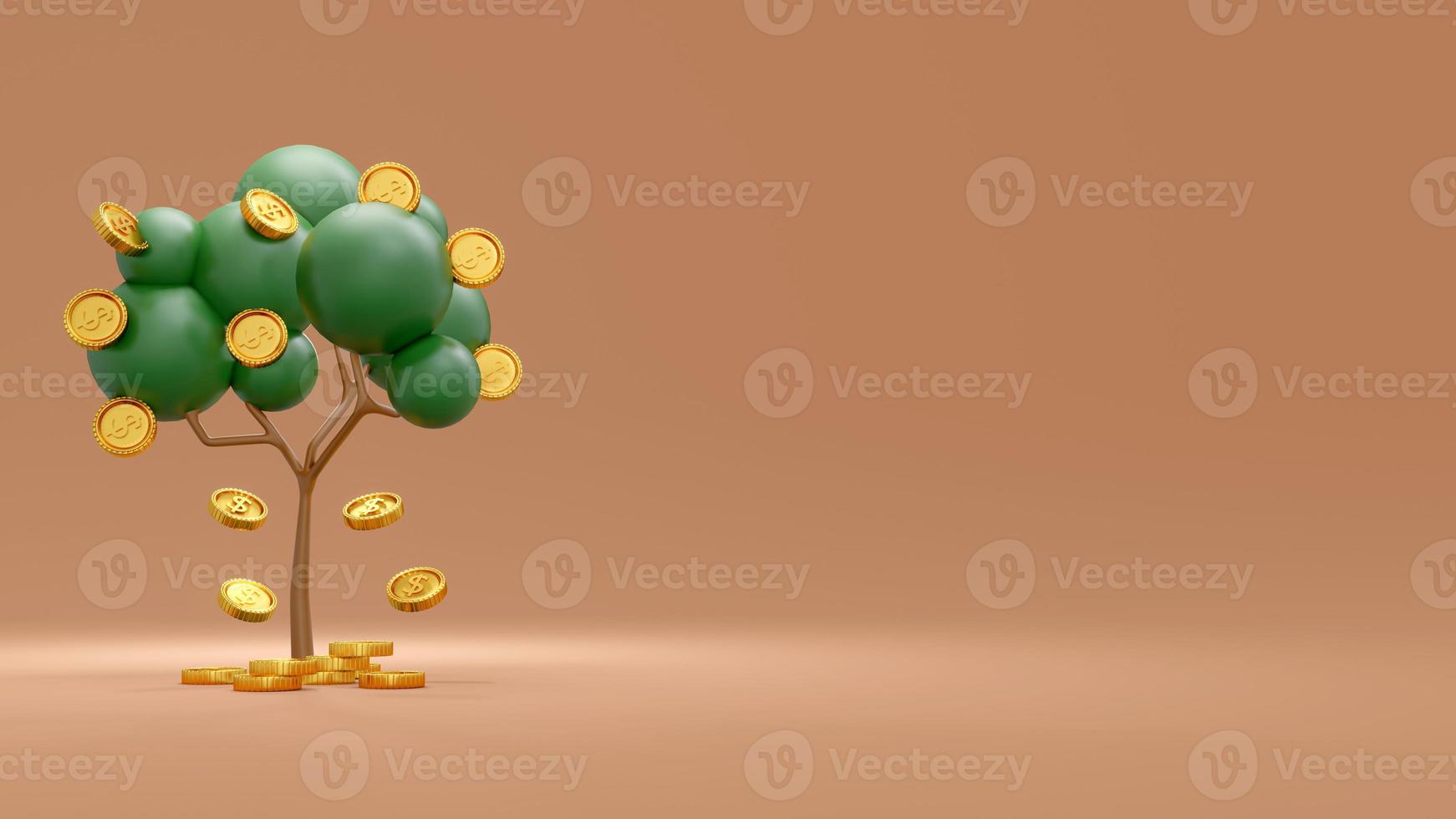 3D Rendering concept of investment. A money tree with coins falling with a blank space on the right on background for commercial design. 3D Render. photo