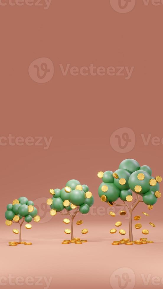 3D Rendering concept of money investment, money icon. Vertical scene of money trees with coins falling down line from small to big on background. 3D Render. photo
