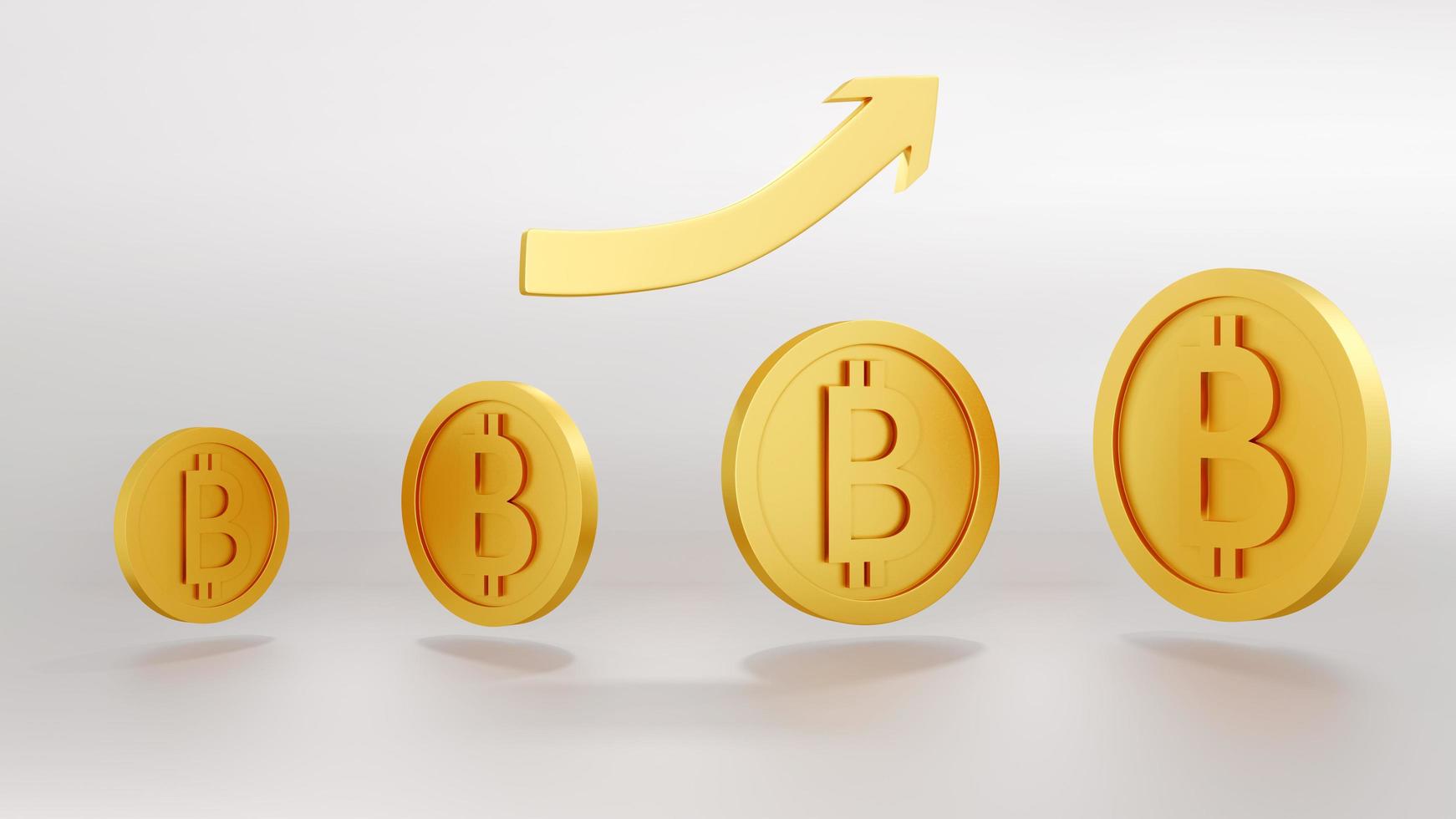 3D Rendering concept of small to big of golden coins with B on the coins that referring to  cryptocurrency bitcoin and an arrow pointing up. 3D Render. photo