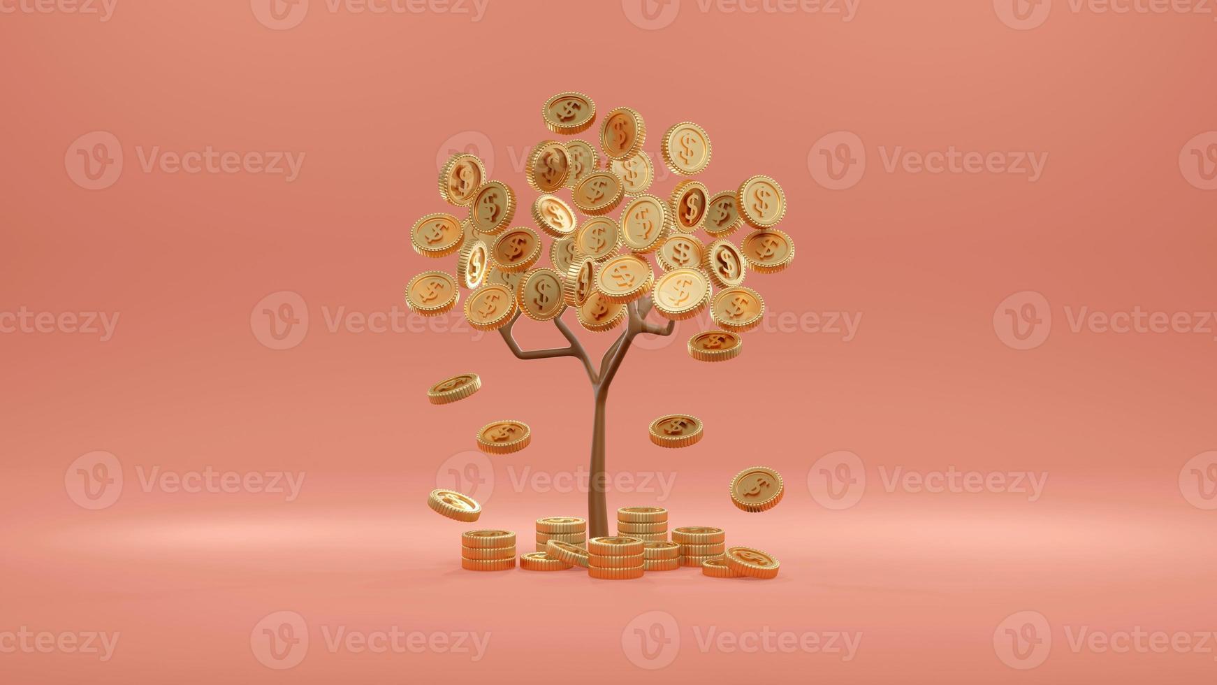 3D Rendering concept of money investment. Trees with coins falling down on background. 3D Render. photo