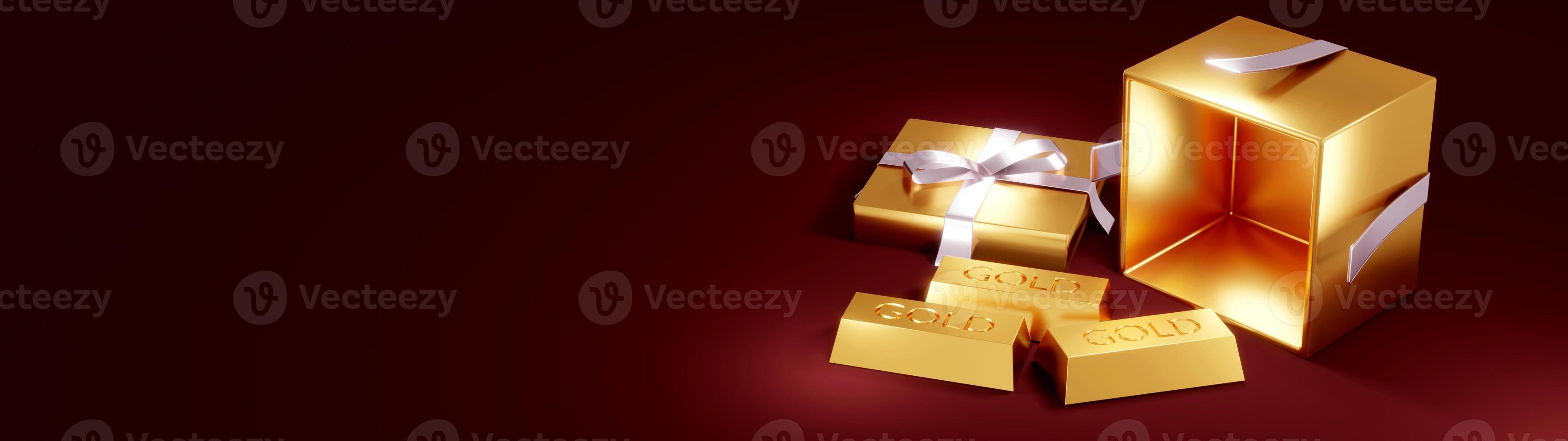3D Rendering concept of golds, golden gift on red background.3D Render. photo