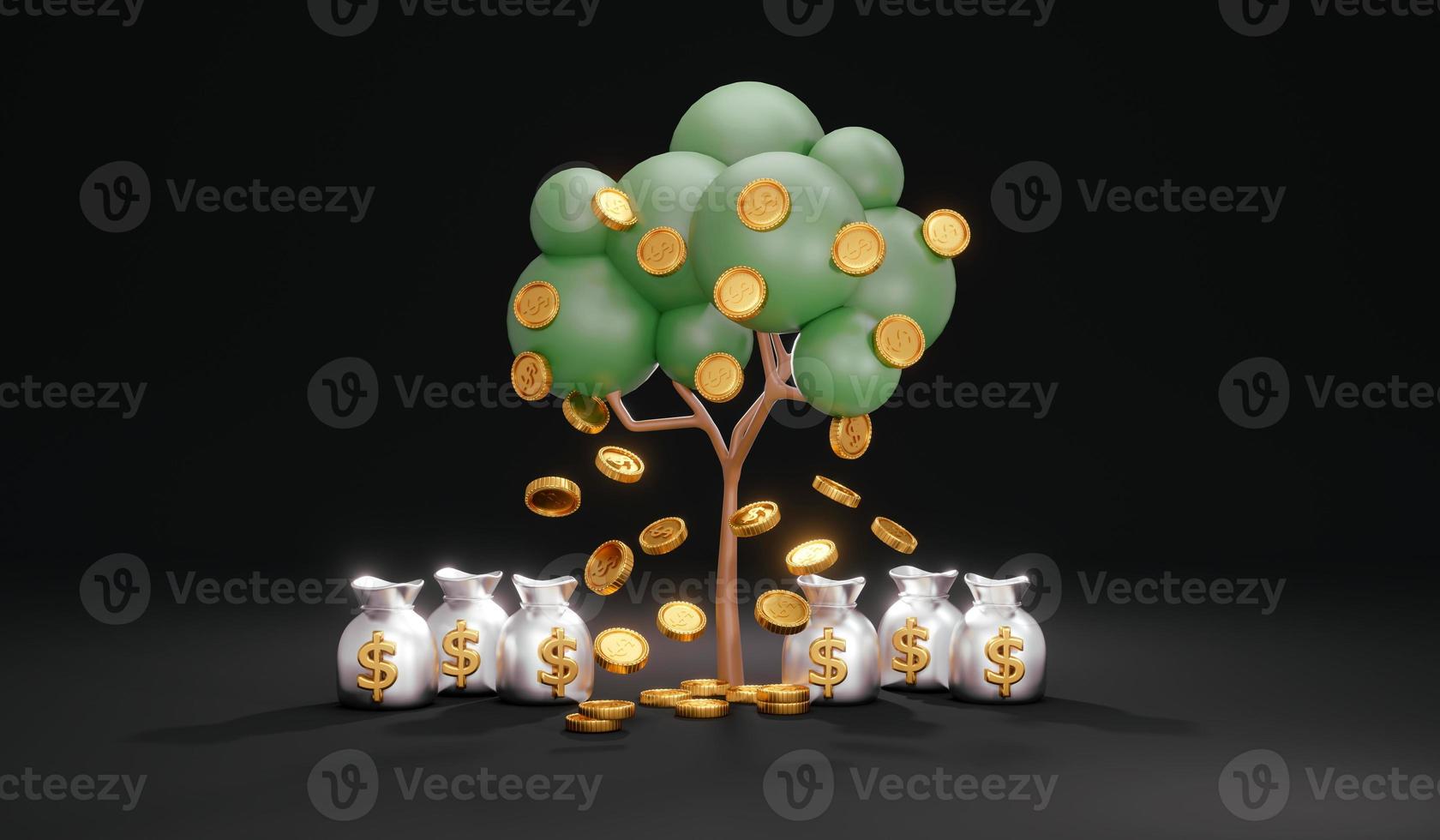 3D rendering concept of investment. a money tree with coins falling down and money bags on background. 3d render. photo