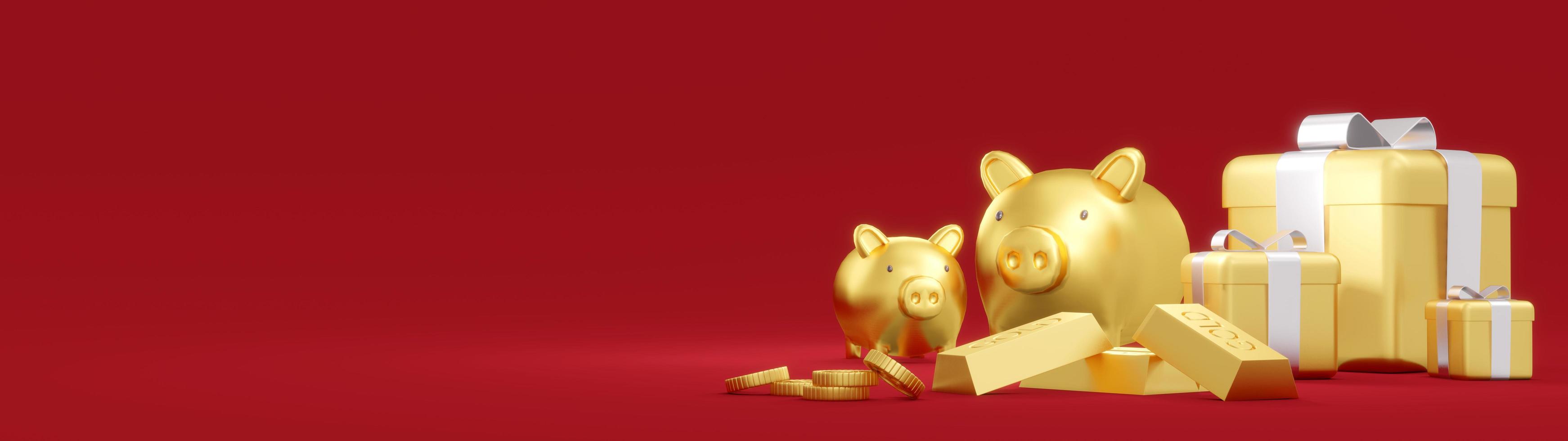 3D Rendering concept of golden piggy bank, golds, golden coins, presents on red background.3D Render. photo
