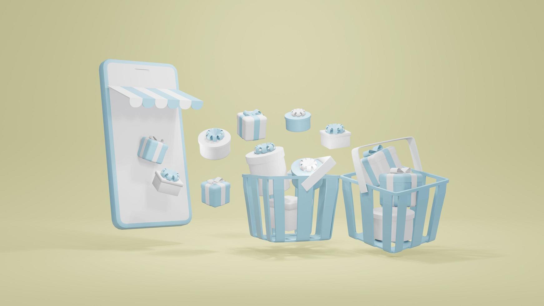 3D Rendering concept of E-commerce, online shopping. smartphones with gift boxes for commercial design. 3D render. photo