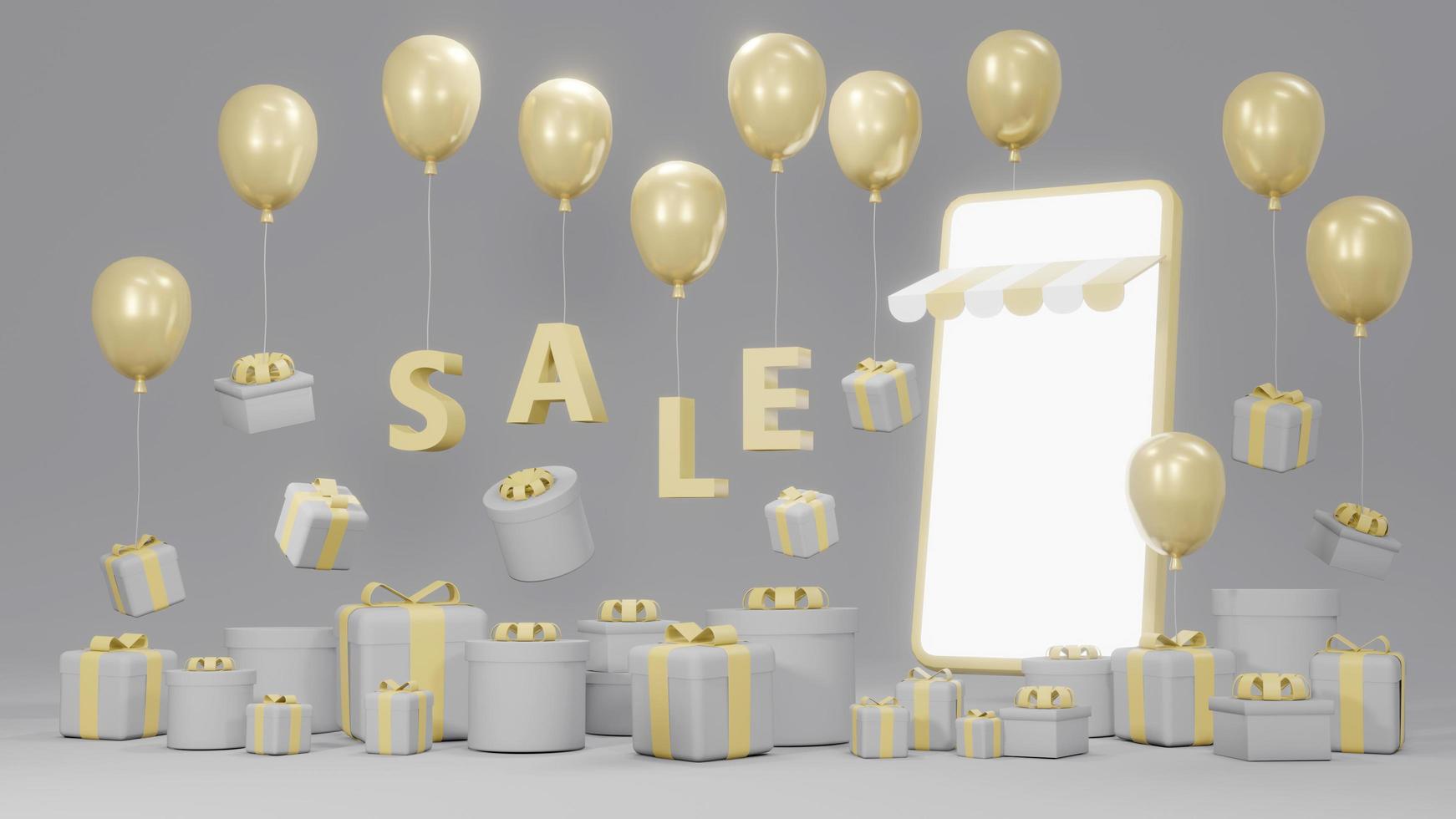 concepto de representación 3d de comercio electrónico, compras en línea. teléfono inteligente con cajas de regalo, globos y venta de texto flotando en el fondo para diseño comercial. tema gris y amarillo. procesamiento 3d foto