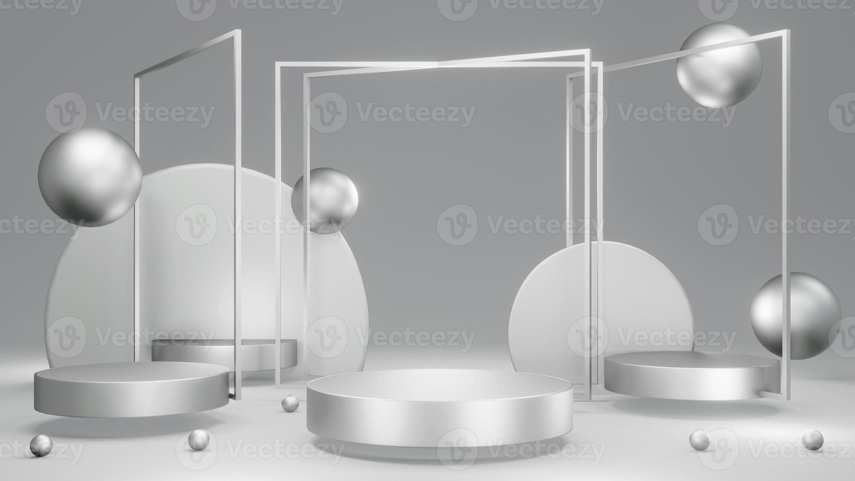 Concepto de representación 3d del tema de plata metálica de elementos de geometría de composición de podios de visualización de productos en blanco para el diseño de plantillas comerciales. procesamiento 3d foto
