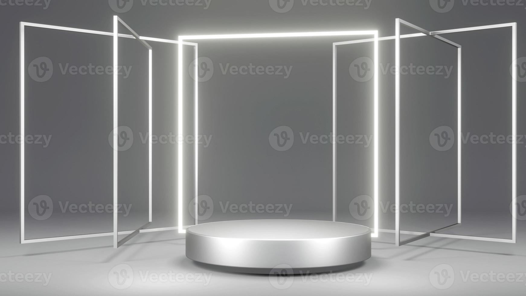 3D rendering concept of product display podiums with glowing and opaque geometry elements for commercial template design. 3D Render. Platform exhibition. Metallic silver theme. photo