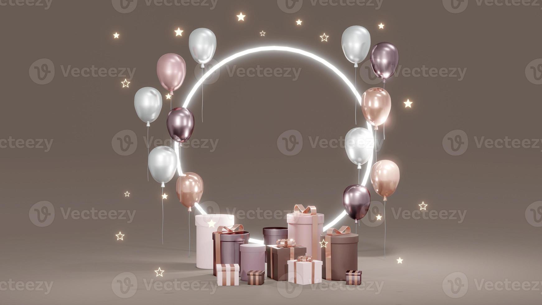 3D Rendering concept of podium with present boxes, balloons, a shiny ring and shiny stars on background for commercial design. 3D Render. photo