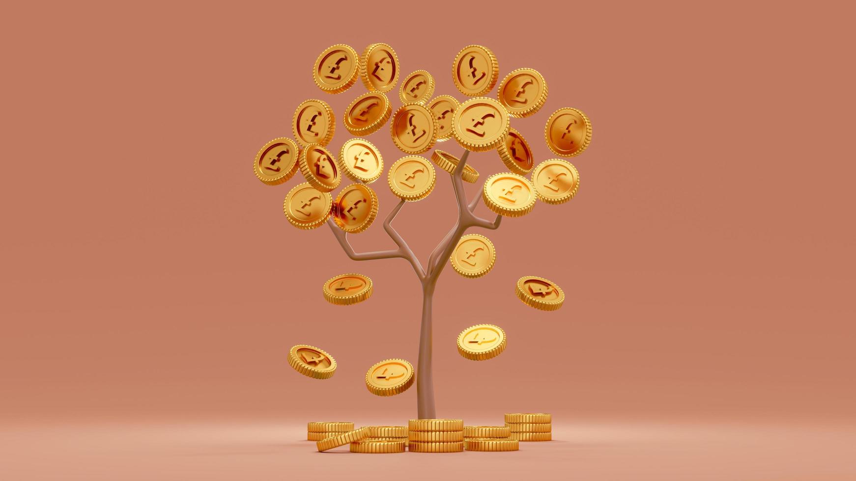 concepto de representación 3d de crecimiento financiero. árbol de dinero con monedas cayendo sobre el fondo. procesamiento 3d ilustración 3d libra esterlina. foto