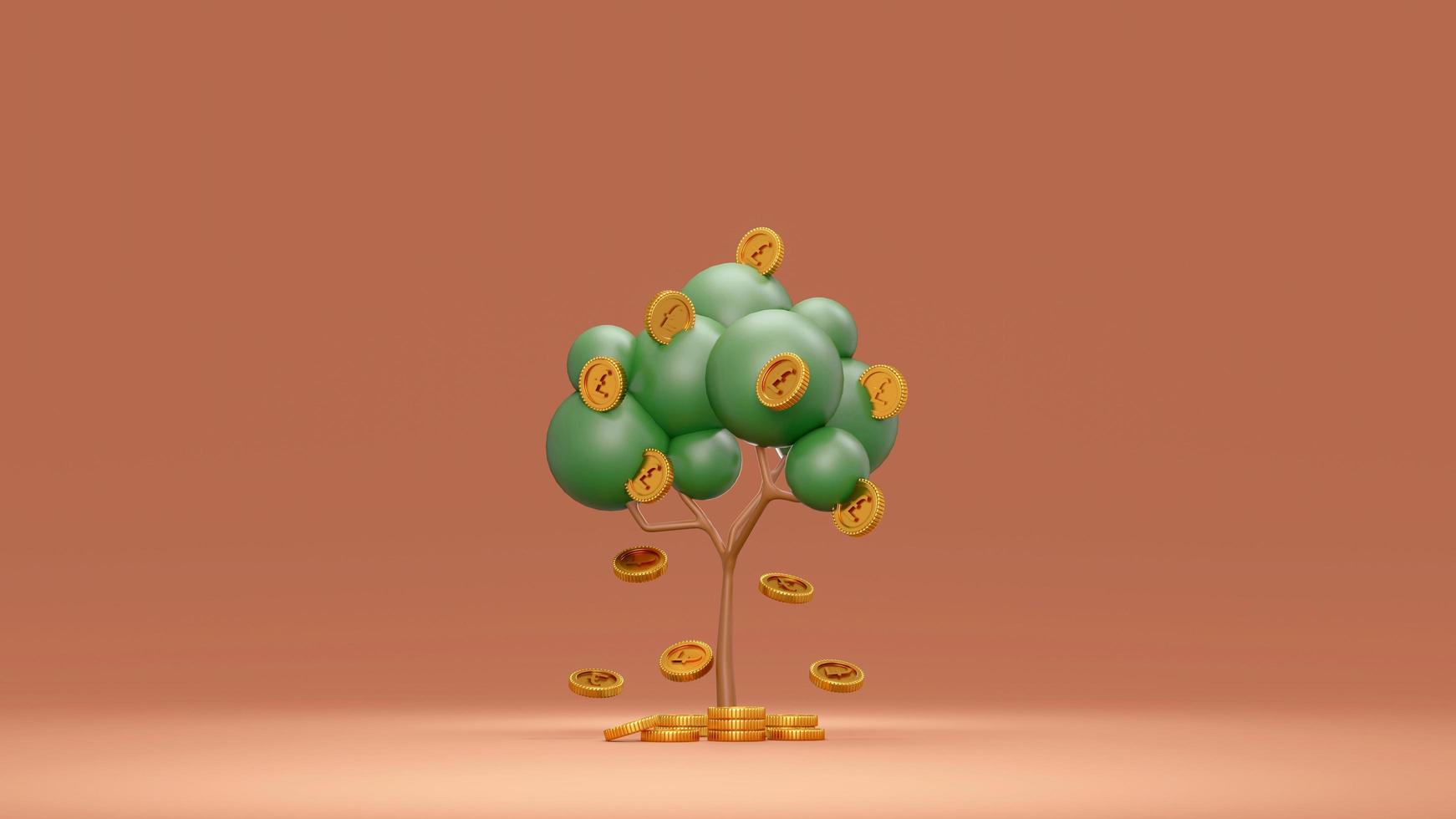 3d Rendering concept of financial growth. Money tree with coins falling down on background. 3D Render. 3D illustration. Pound sterling. photo