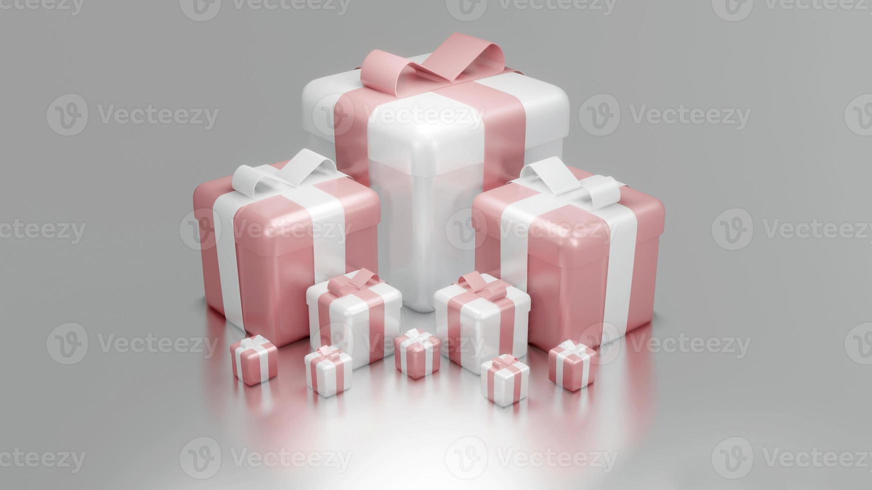 3D rendering concept of set of wrapped gift boxes for commercial design. Holiday presents. Birthday presents. Pink theme. 3D Render. photo