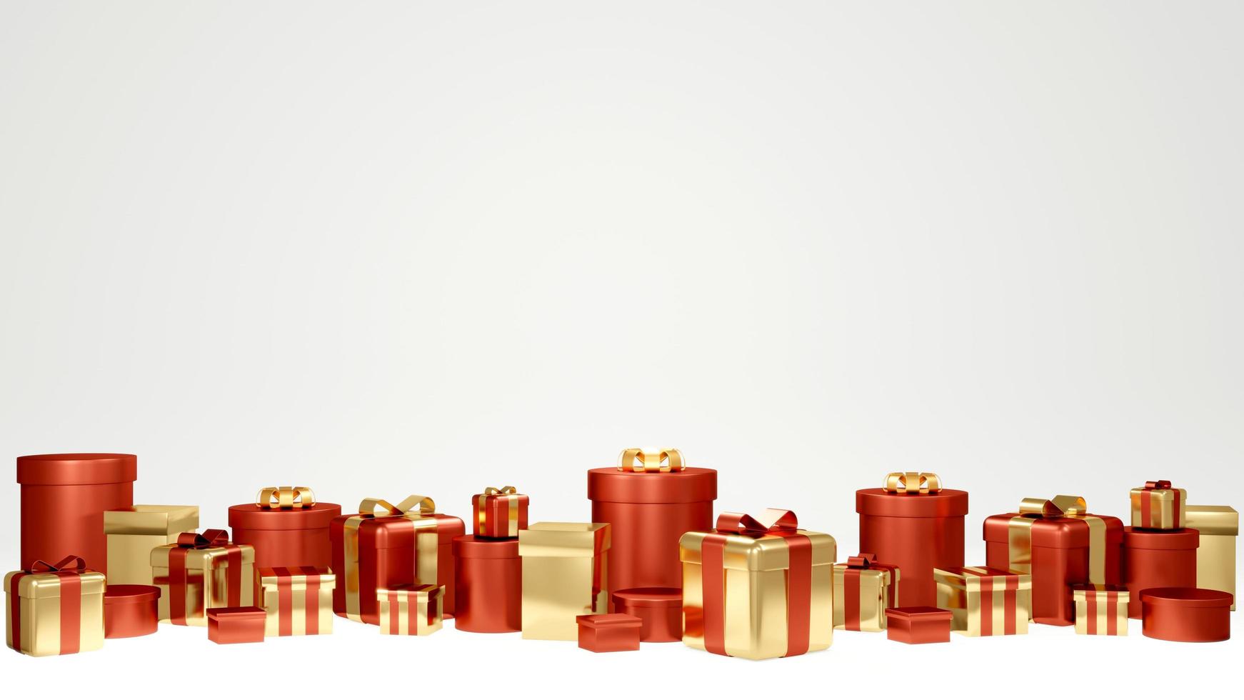 3D rendering concept of gift. Horizontal view of set of red and golden gifts banner boxes with bow and ribbons on dark background for commercial design. 3D render. 3D illustration. photo