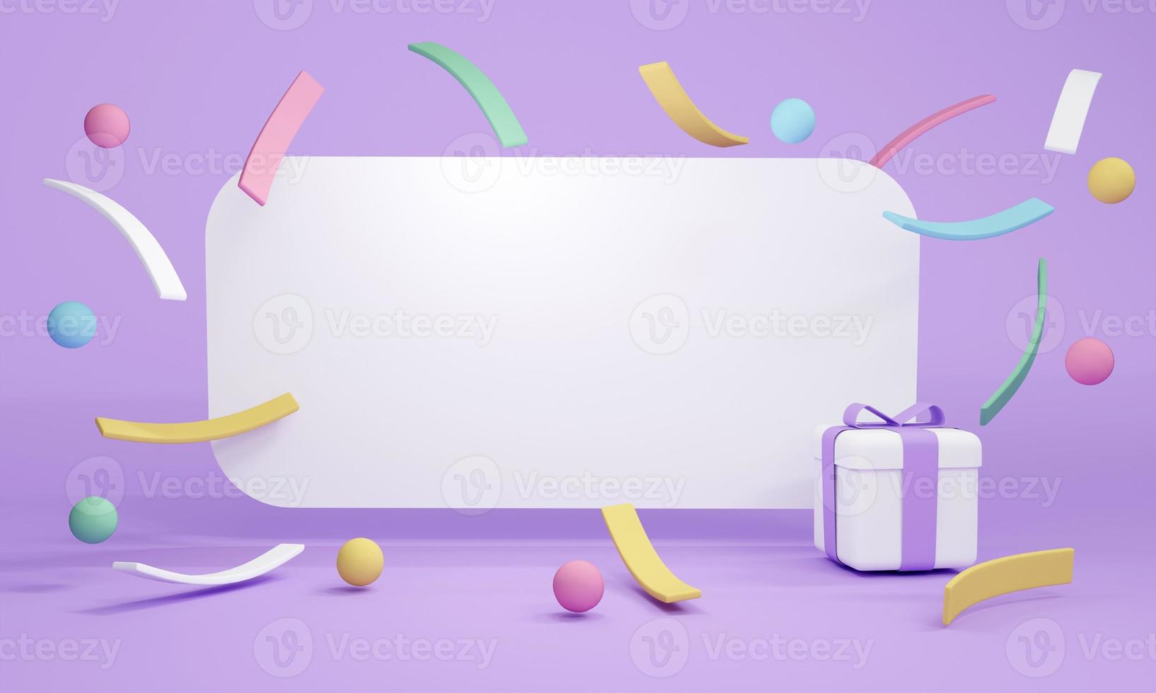 3D rendering concept of a big blank card with colorful pastel geometric elements and gift box for commercial design. 3D render. 3D illustration. Invitation card template. photo