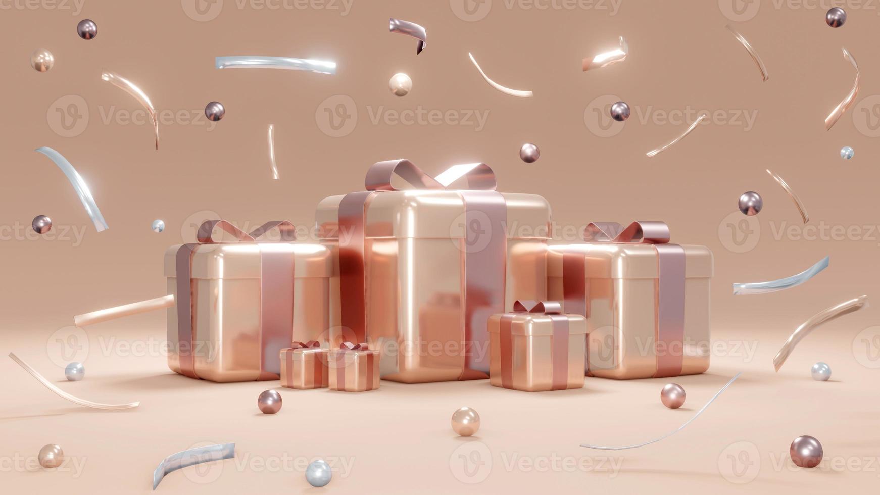 3D rendering concept of set of wrapped gift boxes and geometric confetti elements for commercial design. Holiday presents. Birthday presents. 3D Render. photo