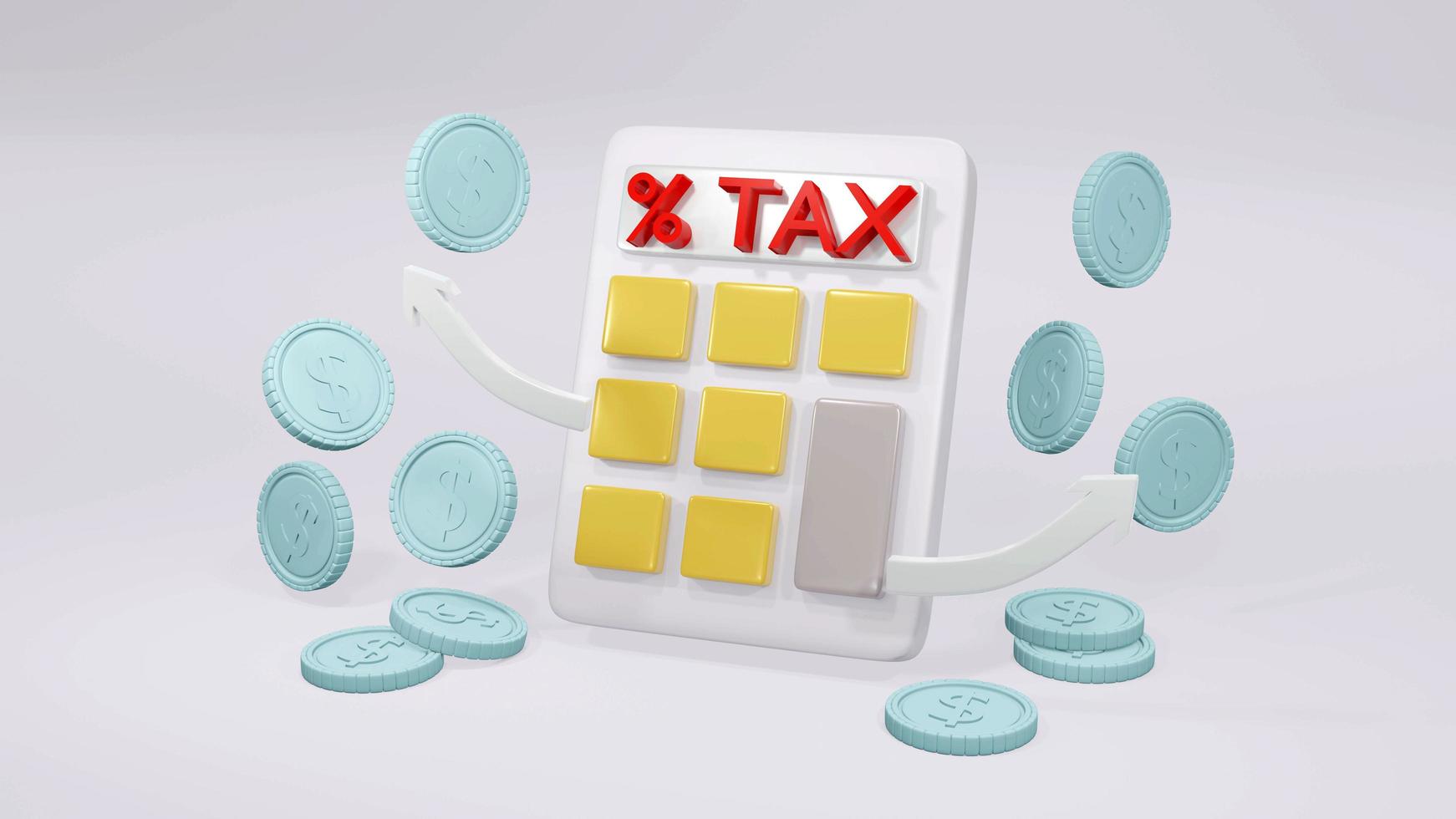 concepto de representación 3d de impuestos. una calculadora, monedas y flechas en el fondo. procesamiento 3d foto