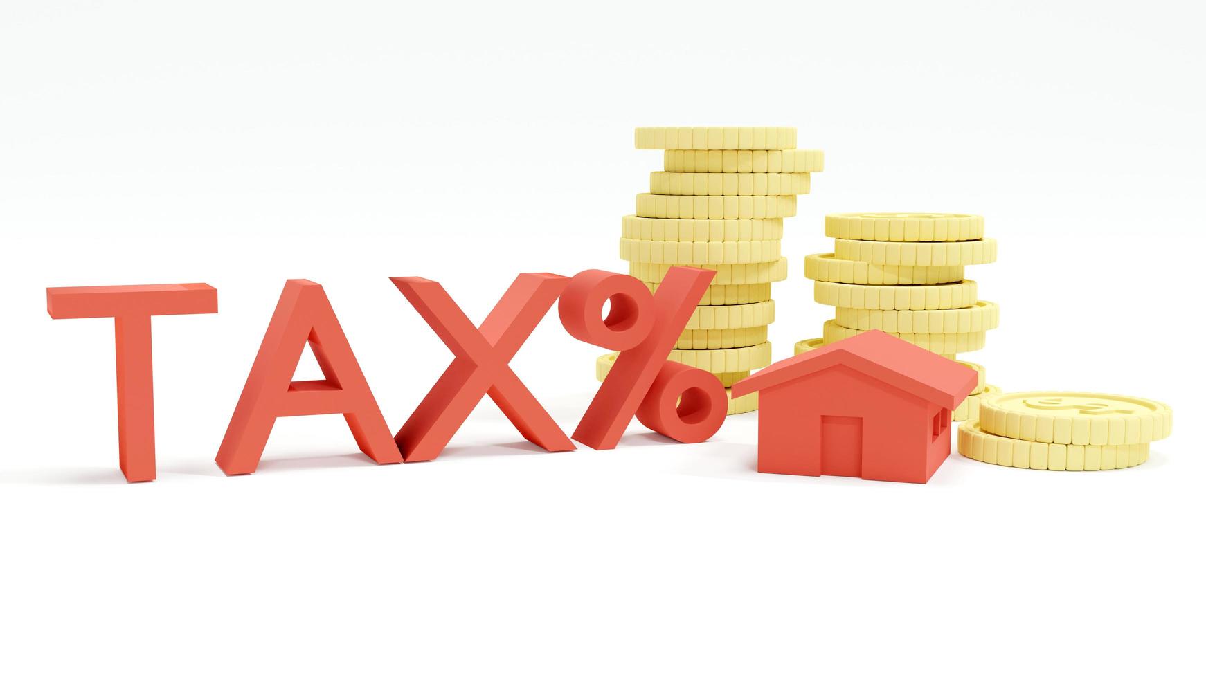 3d Rendering concept of property tax. a house, stack of coins and text TAX on background. 3D render. photo