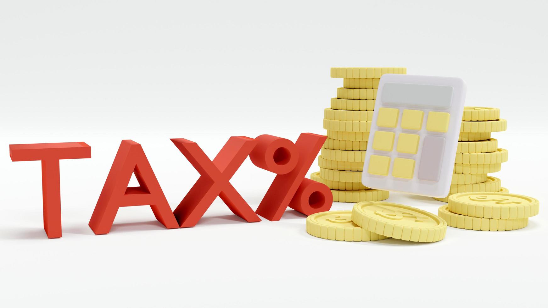 3d Rendering concept of tax duty. a calculator, coins and text TAX on background. 3D render. photo