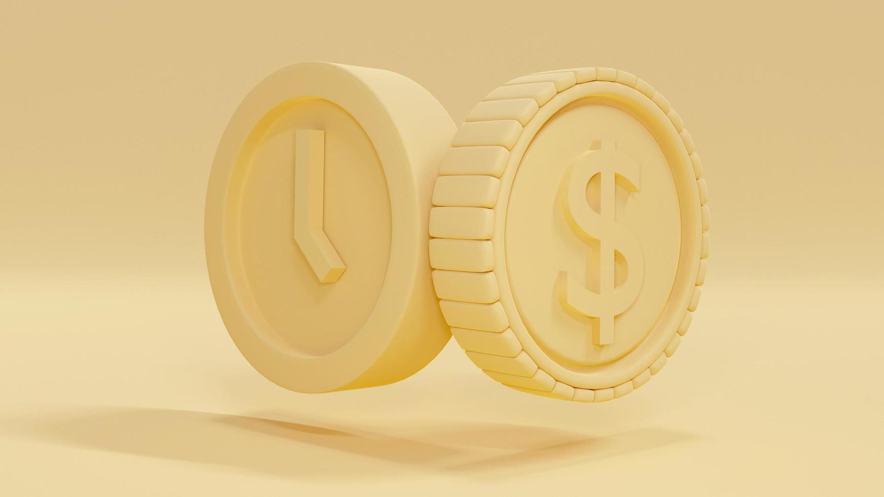 3D Rendering concept of time and money management, work life balance concept. a coin and a clock in yellow theme. 3D Render. Minimal idea concept. photo