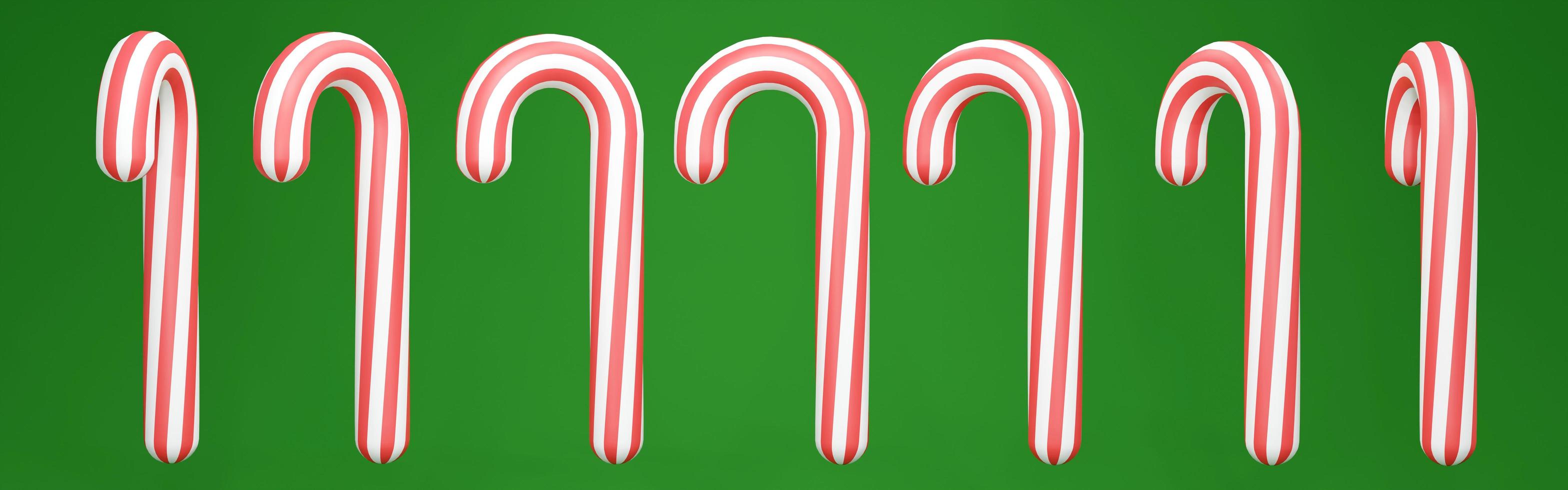 La representación 3d de la lata de caramelo de navidad en color rojo blanco sobre fondo verde gira en muchas vistas. procesamiento 3d ilustración 3d foto