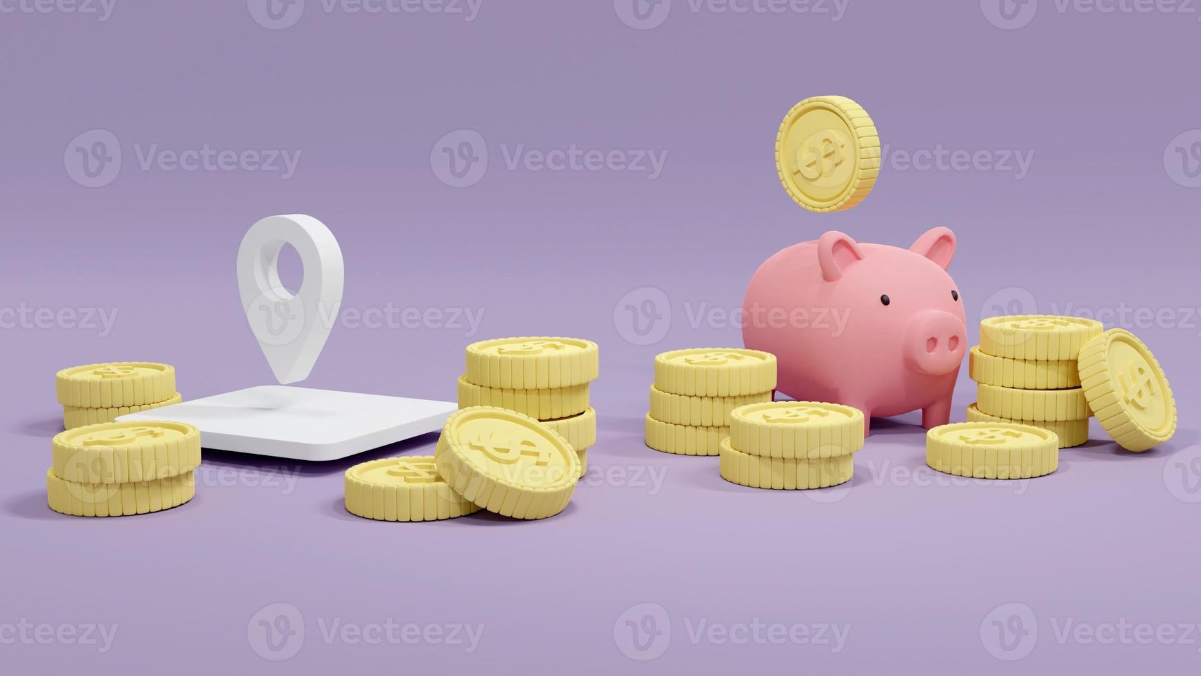 3D Rendering concept of comparison of traveling and saving. A piggy bank with coins and a location symbol with coins on background. 3D Render. photo