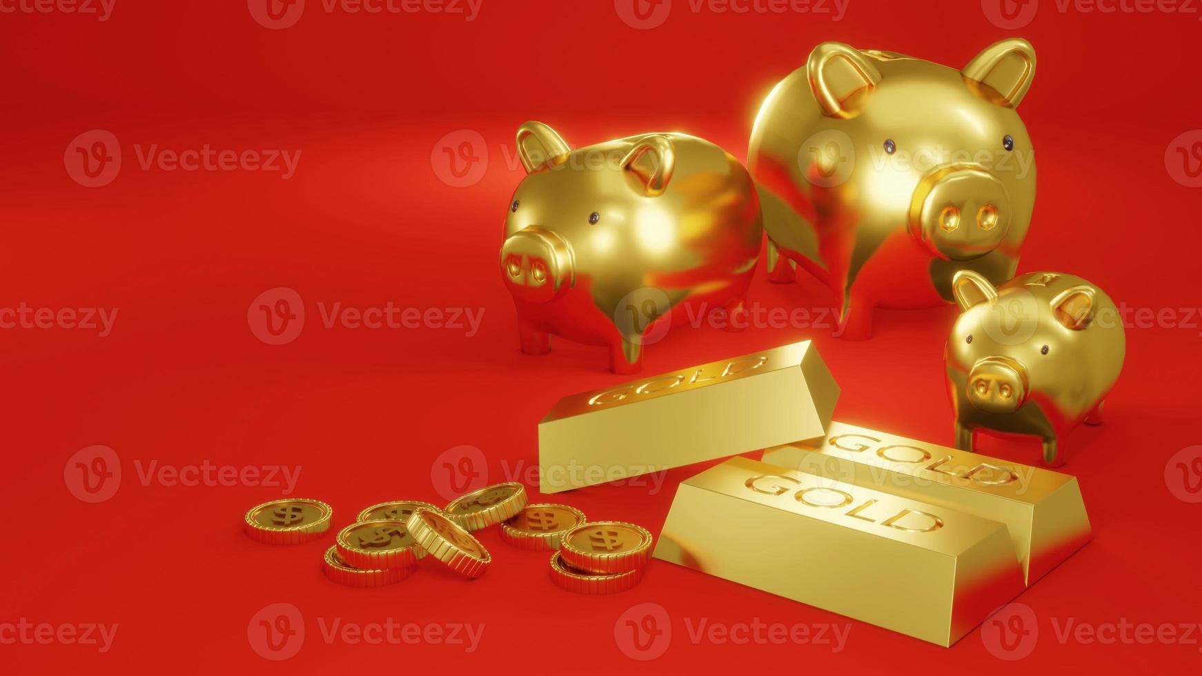 3D Rendering concept of golden piggy bank, golds, golden coins, presents on red background.3D Render. photo