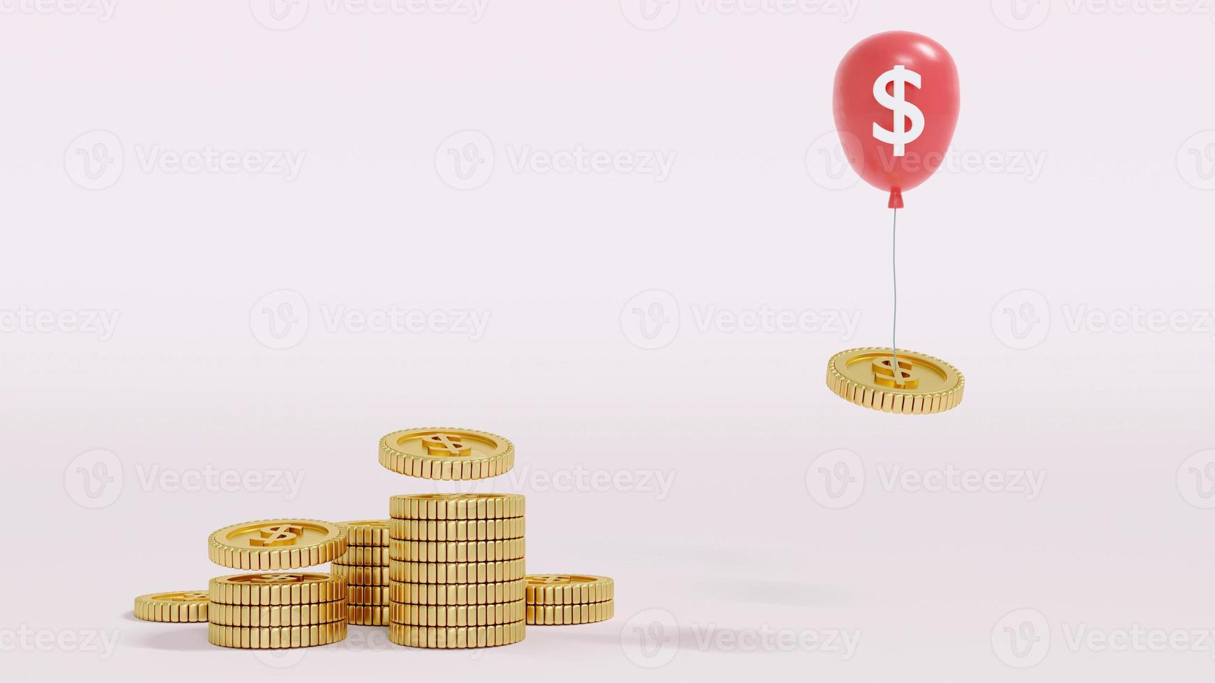 3D Rendering stack of coins balloons taking coins up on the air on background concept of financial inflation. 3D render. 3D illustration. photo