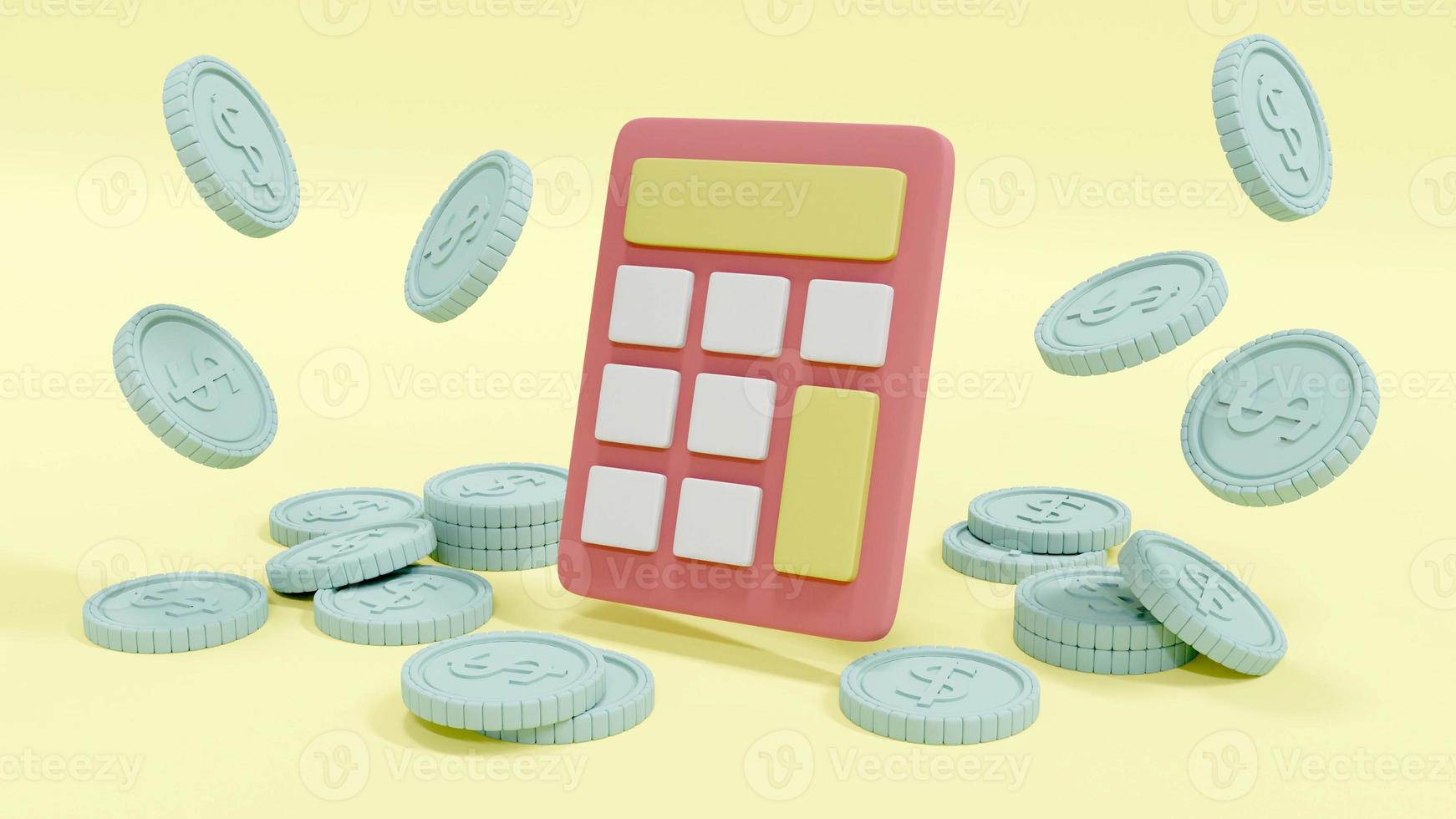 concepto de representación 3d de la gestión financiera. una calculadora y monedas en un tema de colores pastel en el fondo. procesamiento 3d foto